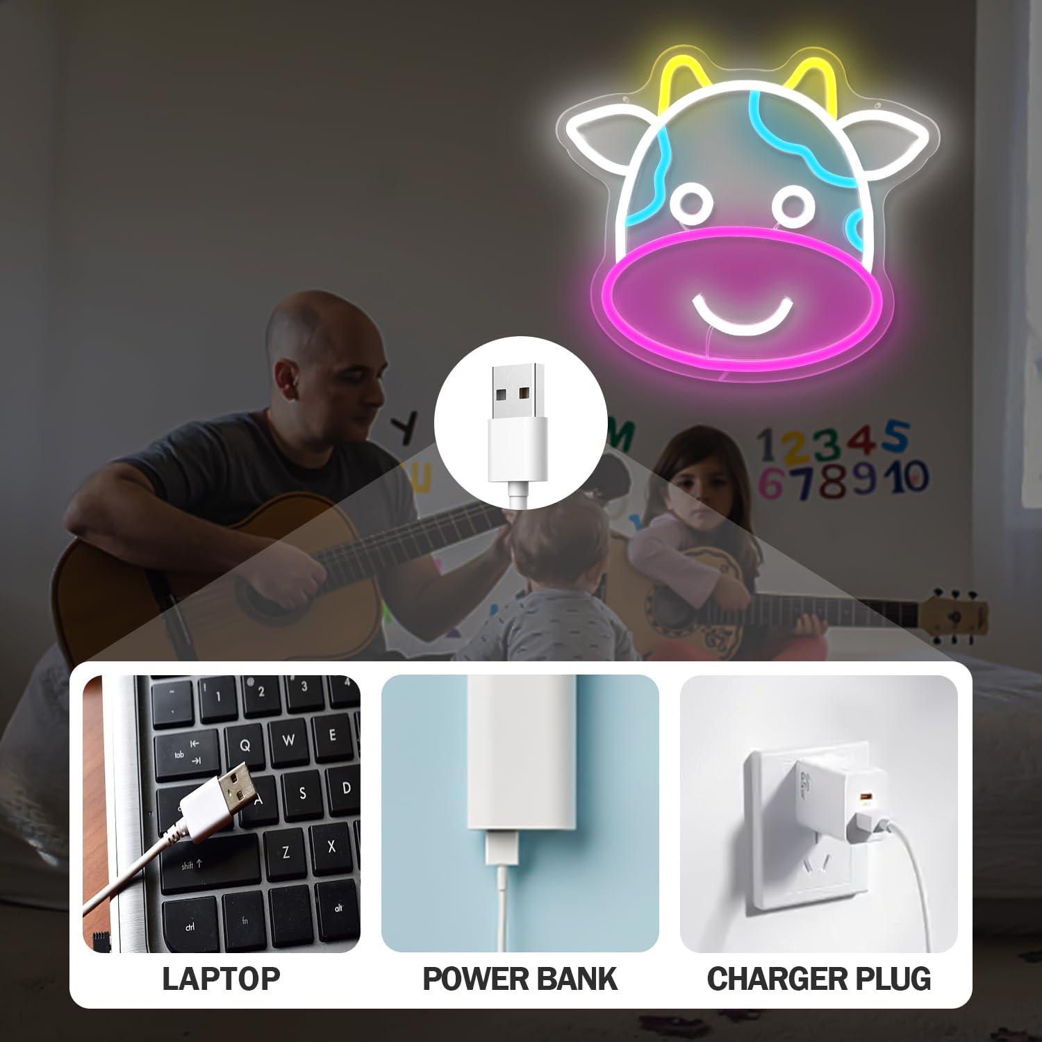 Cute Cow Neon LED Sign - Dimmable Wall Decor for Kids Room & Bedroom - USB Powered Animal Night Light Gift for Boys & Girls - Perfect for Birthday Parties, Nursery Decor, and Themed Room Lighting
