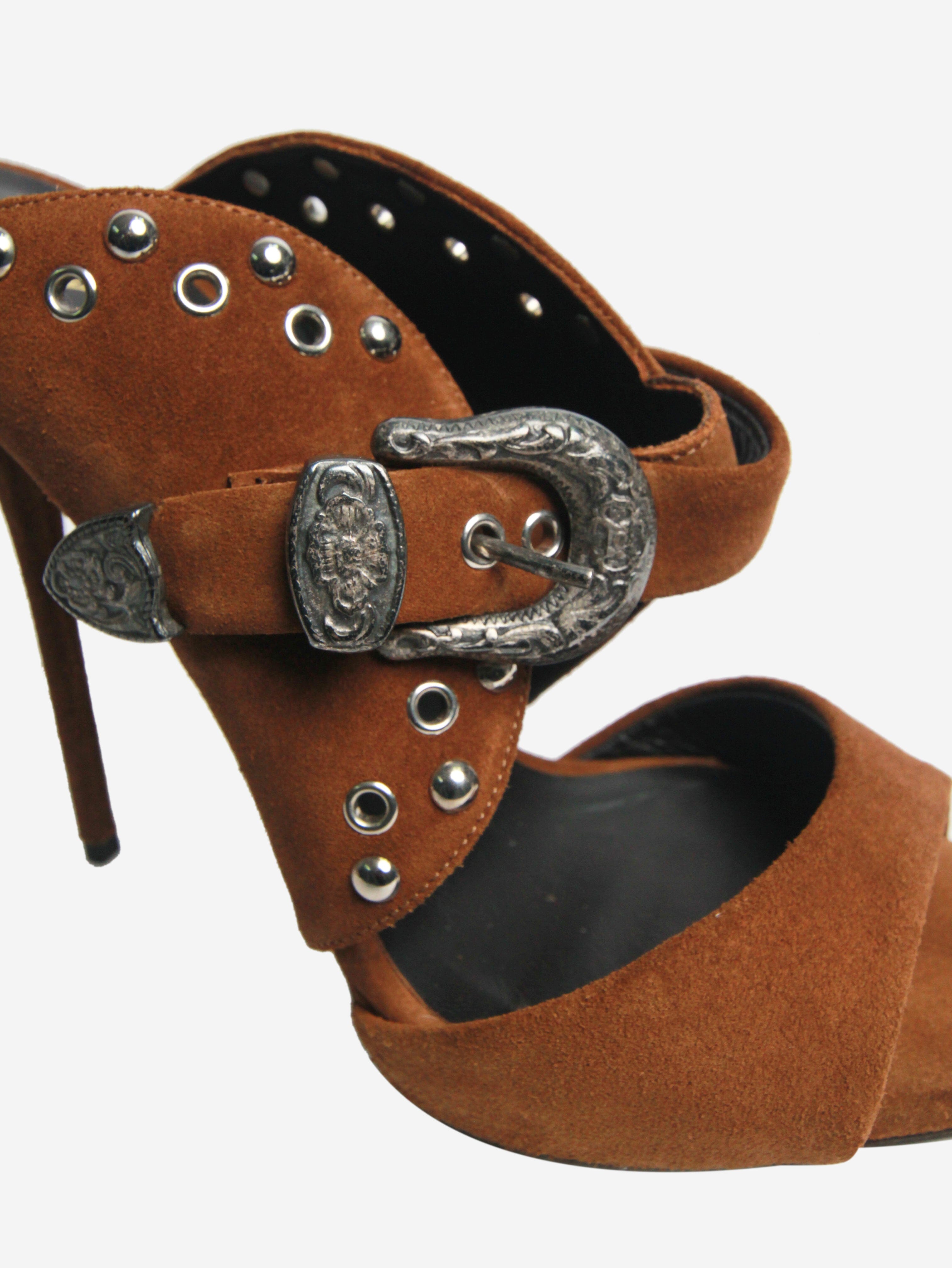 Brown Suede Studded Sandal Heels Women's Size EU 40 (US 10) - Comfortable Block Heels for Party, Wedding & Evening Events