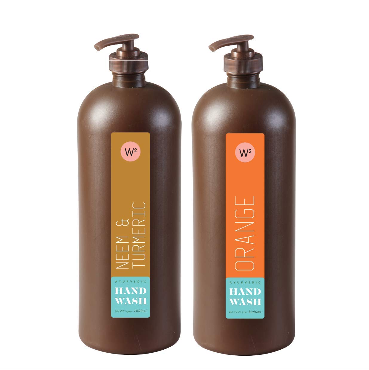 Neem & Turmeric Hand Wash 1L + Orange Hand Wash 1L Combo with Pump Dispenser - Antibacterial, Natural Ingredients for Kitchen, Bathroom & Office Use