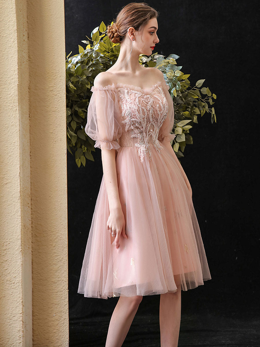 Pink Sweetheart Neck Tulle Lace Short Prom Dress - Elegant Homecoming Gown for Teens, Perfect for Dances, Parties & Special Occasions