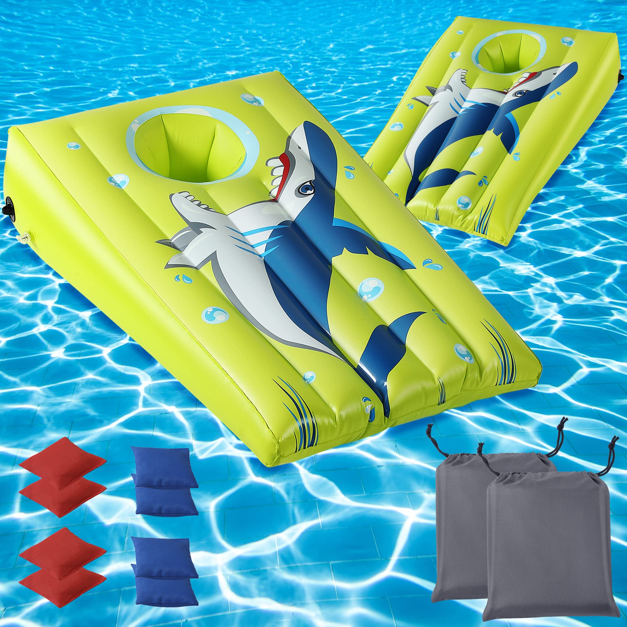 2-Piece Inflatable Shark Pool Cornhole Game Set with Bean Bags - Floating Toss Game for Adults & Kids - Fun Outdoor Beach & Swimming Pool Party Toys (Shark Theme) - Perfect for Backyard BBQs, Summer Parties & Beach Vacations