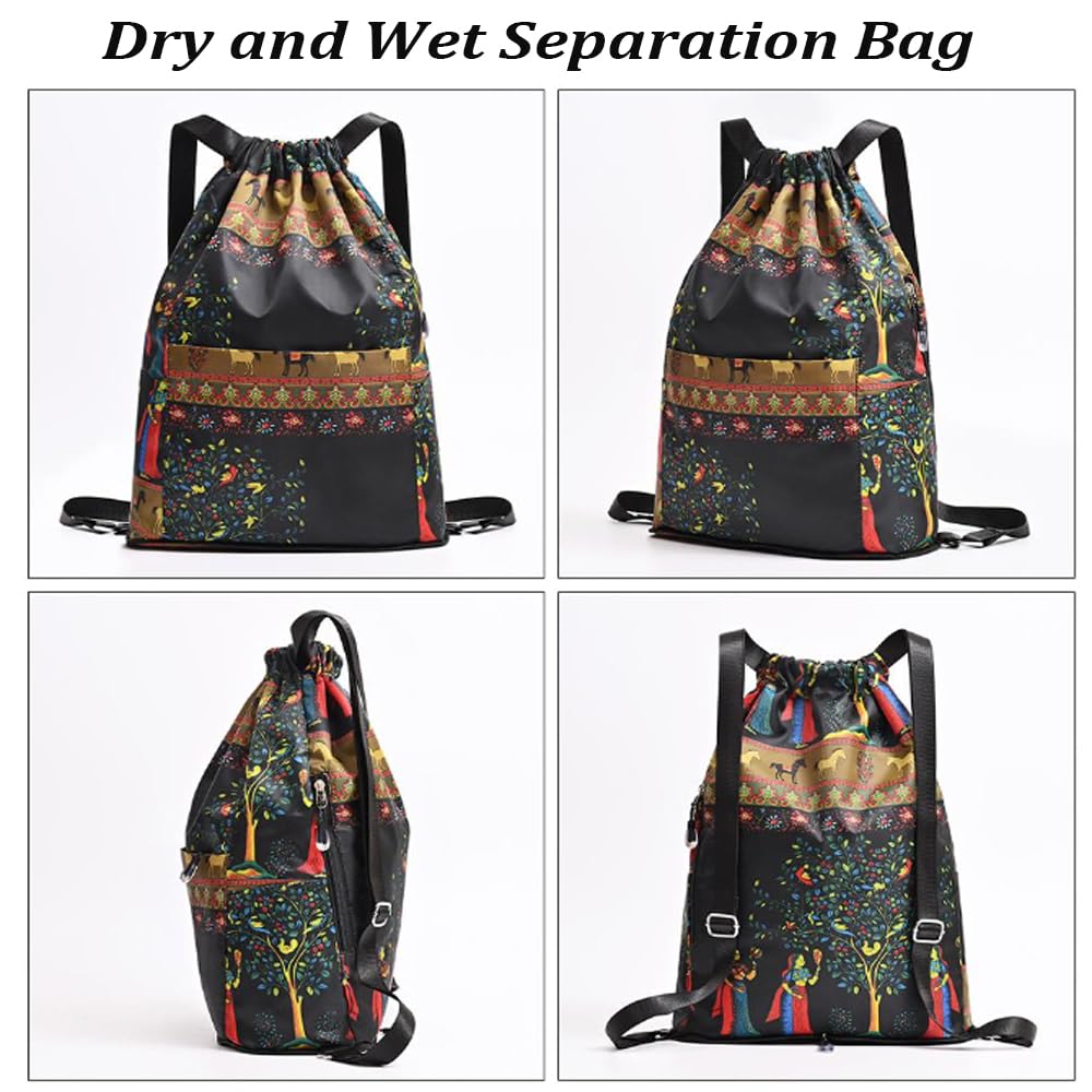 Foldable Large Capacity Waterproof Sports Backpack with Dry-Wet Separation - Lightweight Drawstring Travel Backpack for Gym, Hiking, Beach & Outdoor Activities