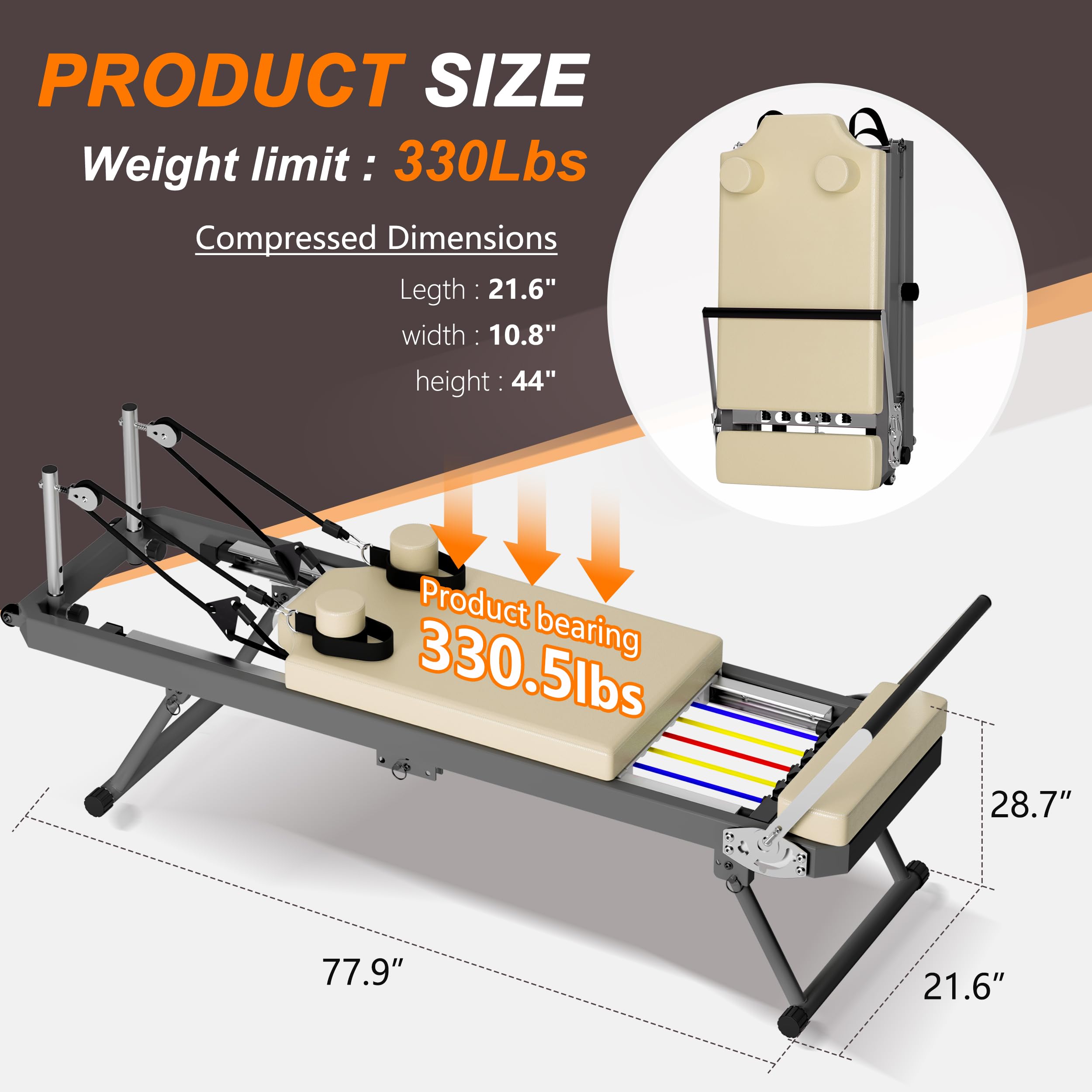 SogesPower Foldable Pilates Reformer Machine for Home Gym - High Strength Alloy Springs, 330lbs Weight Capacity - Perfect for Beginners & Full-Body Workouts | Ideal for Small Spaces, Home Fitness & Pilates Studio Training