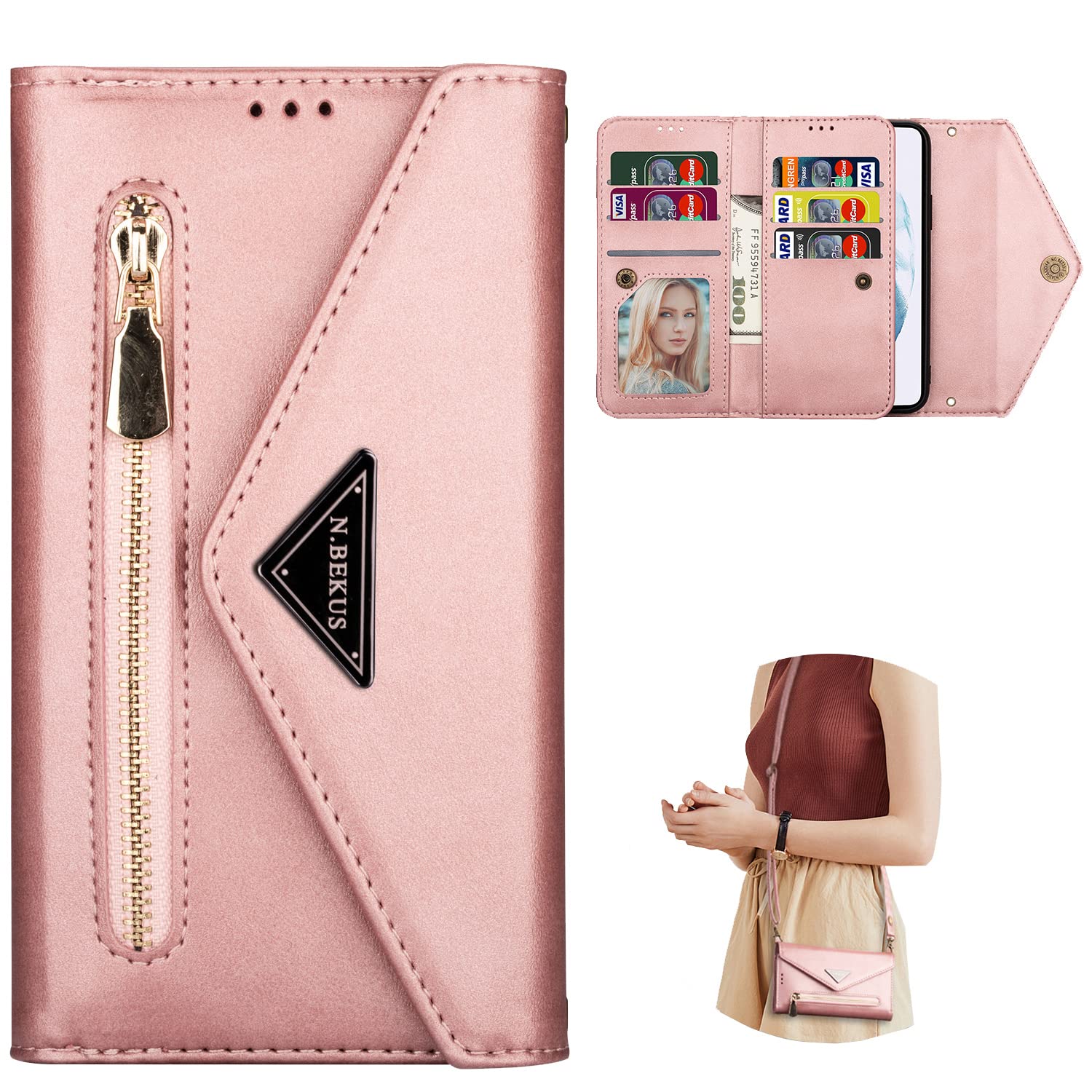 Samsung Galaxy S22 Plus Wallet Case with Crossbody Strap & ID Holder - Rose Gold XK | Slim Protective Phone Cover for Women, Travel, Shopping, and Everyday Use