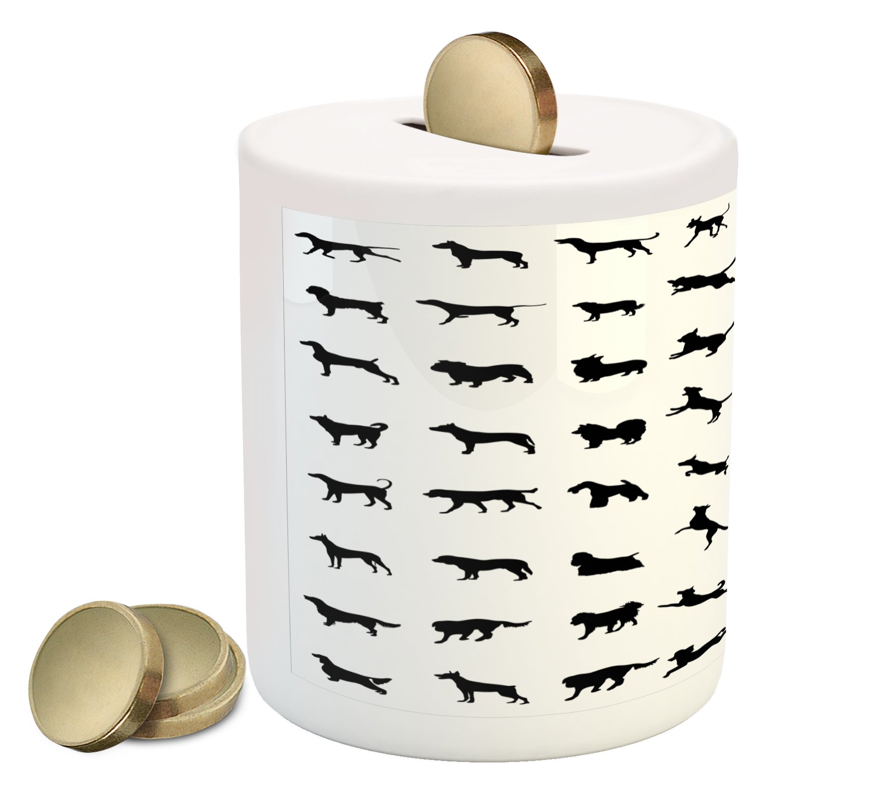 Lunarable Black and White Ceramic Piggy Bank with Dog Silhouettes - Corgi, Golden Retriever & Pitbull Designs | Printed Coin Bank Money Box for Cash Savings | Perfect Gift for Dog Lovers & Kids' Piggy Bank Savings