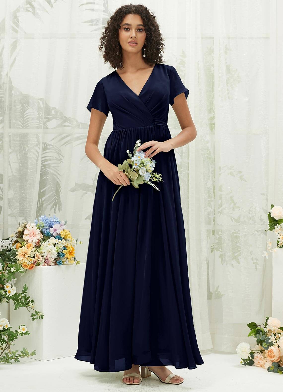 Elegant Dark Navy Chiffon Short Sleeve V-Neck Wrap Pleated Bridesmaid Dress - Perfect for Weddings, Formal Events & Special Occasions