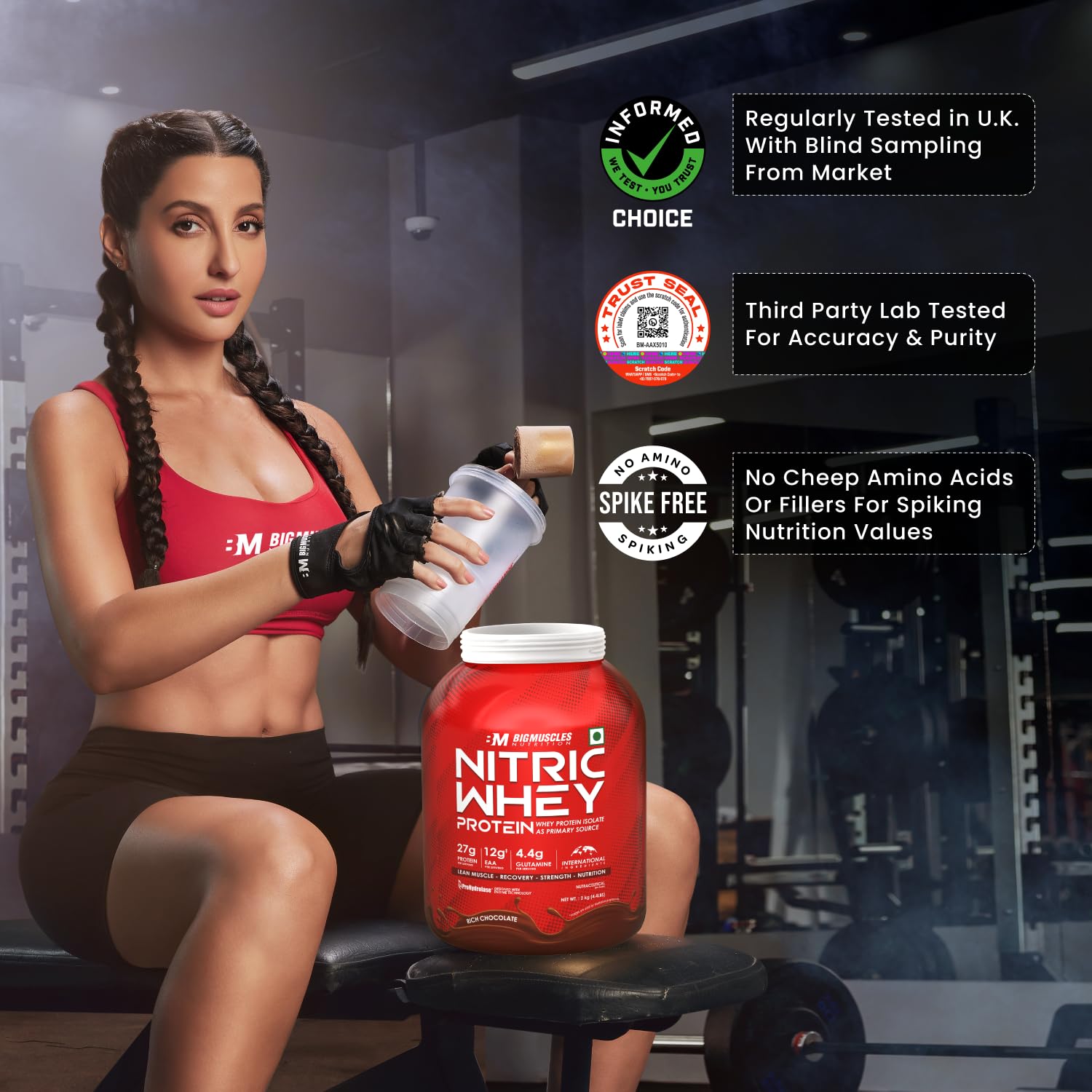 Bigmuscles Nutrition Nitric Whey Protein Powder - 27g Isolate Whey Protein per Serving with ProHydrolase Enzyme for Fast Absorption & Lean Muscle Growth - Rich Chocolate Flavor - 1Kg Pack - Ideal for Post-Workout Recovery & Muscle Building