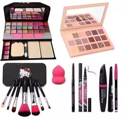 PMARK TYA 6155 Professional 18-Color Nude Eyeshadow Palette & 7-Piece Makeup Brush Set with 3-in-1 Eyeliner Combo, 36H Kajal & Pink Beauty Blender - Perfect for Daily Makeup, Party Looks & Professional Makeup Artists (15-Piece Kit)