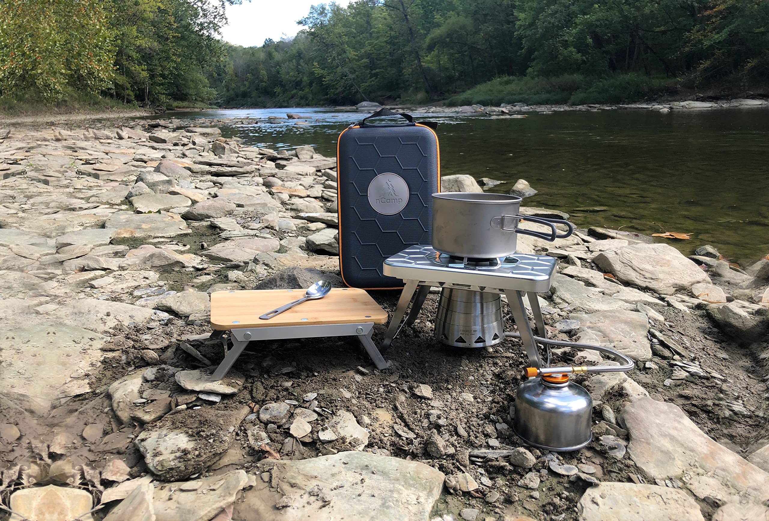 nCamp 4-Piece Portable Camping Cookware Set - Compact Outdoor Cooking Stove with Prep Surface & Carrying Case - Perfect for Hiking, Backpacking & Picnics