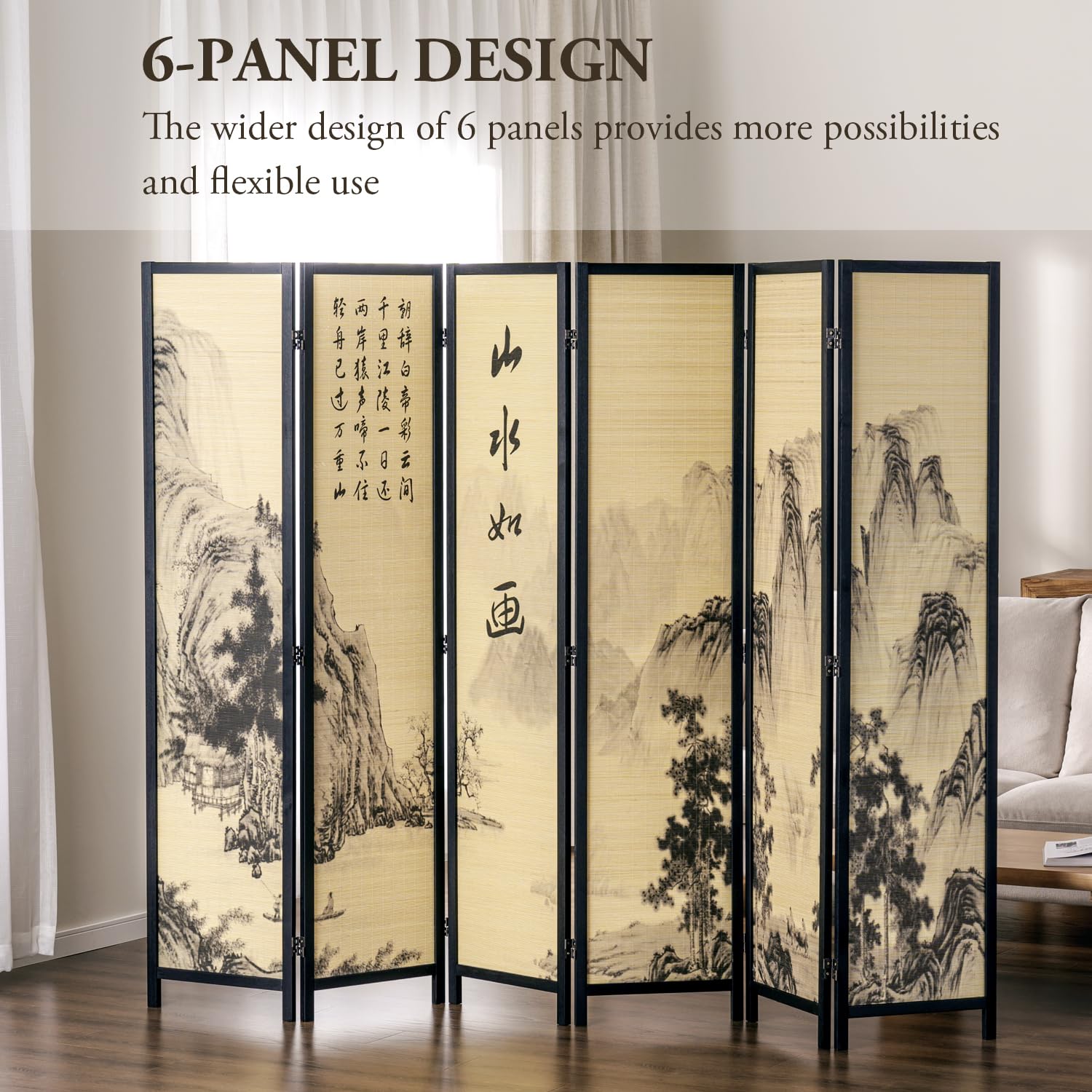 MyGift 6-Panel Bamboo Room Divider with Chinese Calligraphy & Floral Design - Freestanding Folding Screen for Home Office, Bedroom Partition & Asian Decor - Black Wood Frame