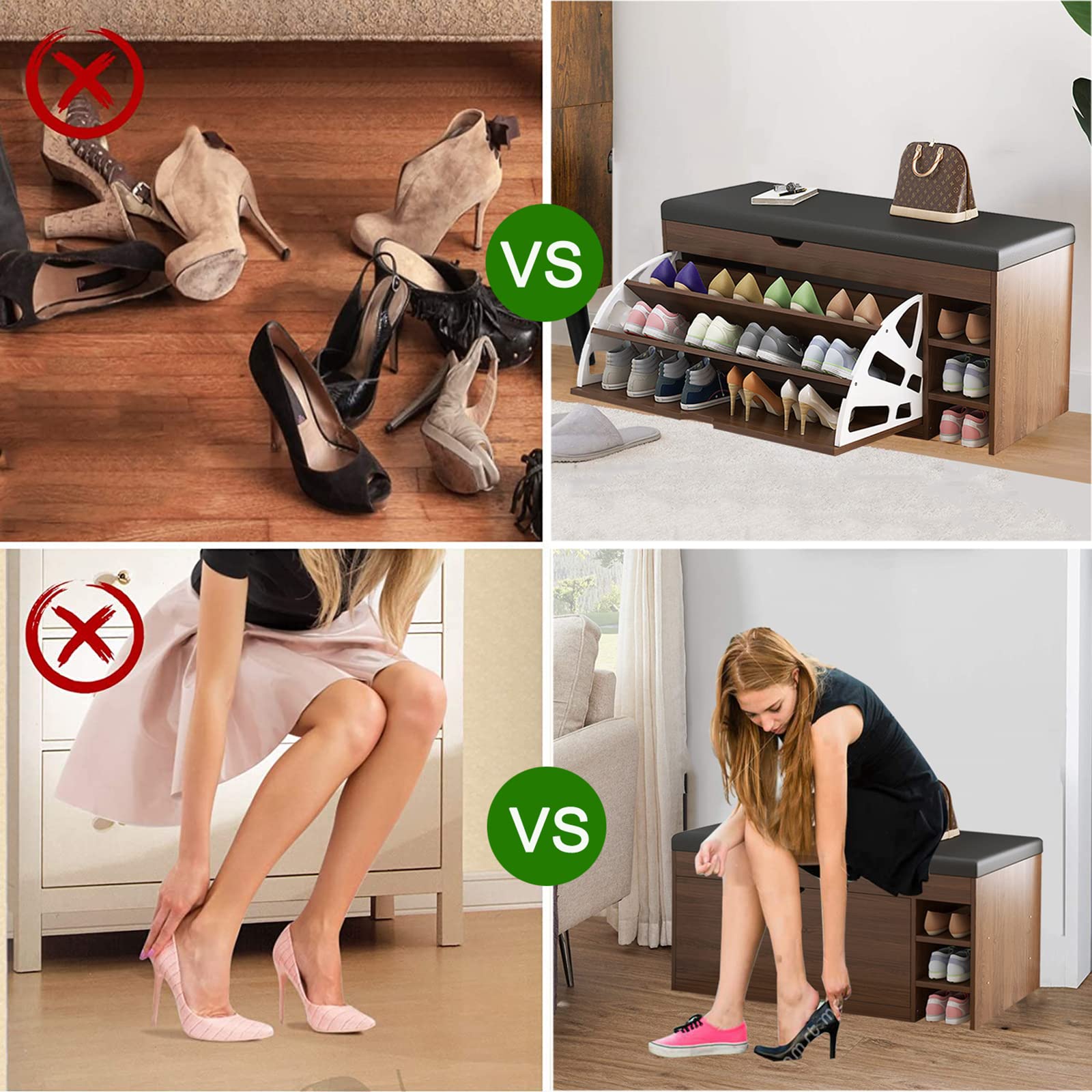 U&Q Modern Wooden Shoe Storage Bench with Hidden Shoe Rack - Entryway Shoe Cabinet Organizer & Seat - Multi-Purpose Shoe Cubby with Large Top Storage - Brown (100x34x60cm/39x13x24in) - Perfect for Hallway, Bedroom & Closet Organization