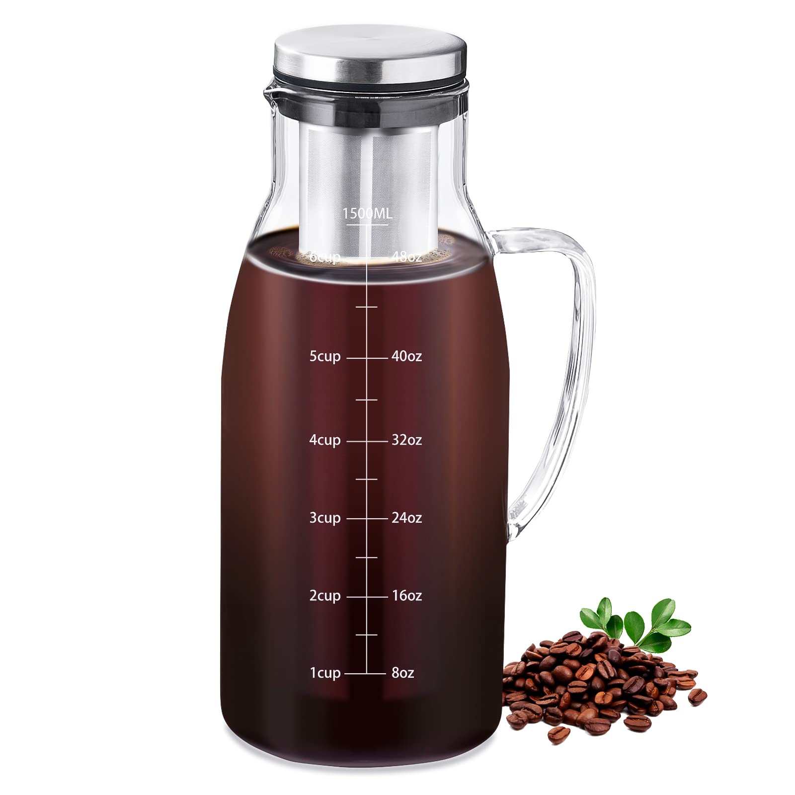 Premium Cold Brew Coffee Maker - 1500ml/51oz Glass Pitcher with Airtight Lid & Removable Stainless Steel Filter - Iced Coffee & Tea Brewing System - Perfect for Home, Office & Outdoor Use