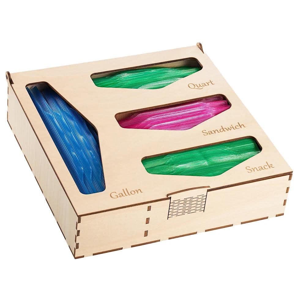 Wooden Storage Bag Organizer for Drawer - Basswood Plastic Bag Holder with Hinged Lid & Engraved Labels - Fits Quart, Snack, Gallon & Sandwich Bags (11.6x12x3.25