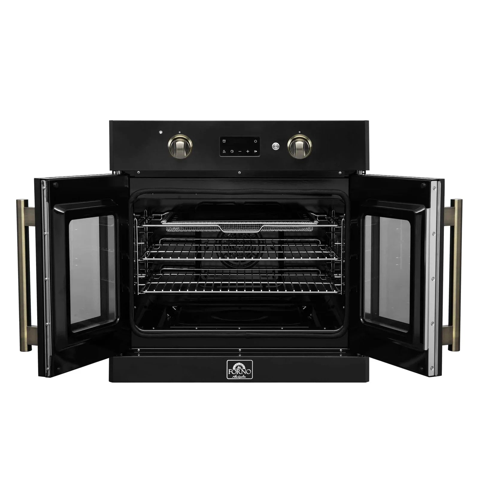 Forno Asti 30 Inch French Door Electric Wall Oven - Black with Antique Brass Trim, Built-in Convection Oven, Self-Cleaning, FBOEL1333 30BLK - Perfect for Modern Kitchens, Baking, Roasting & Entertaining