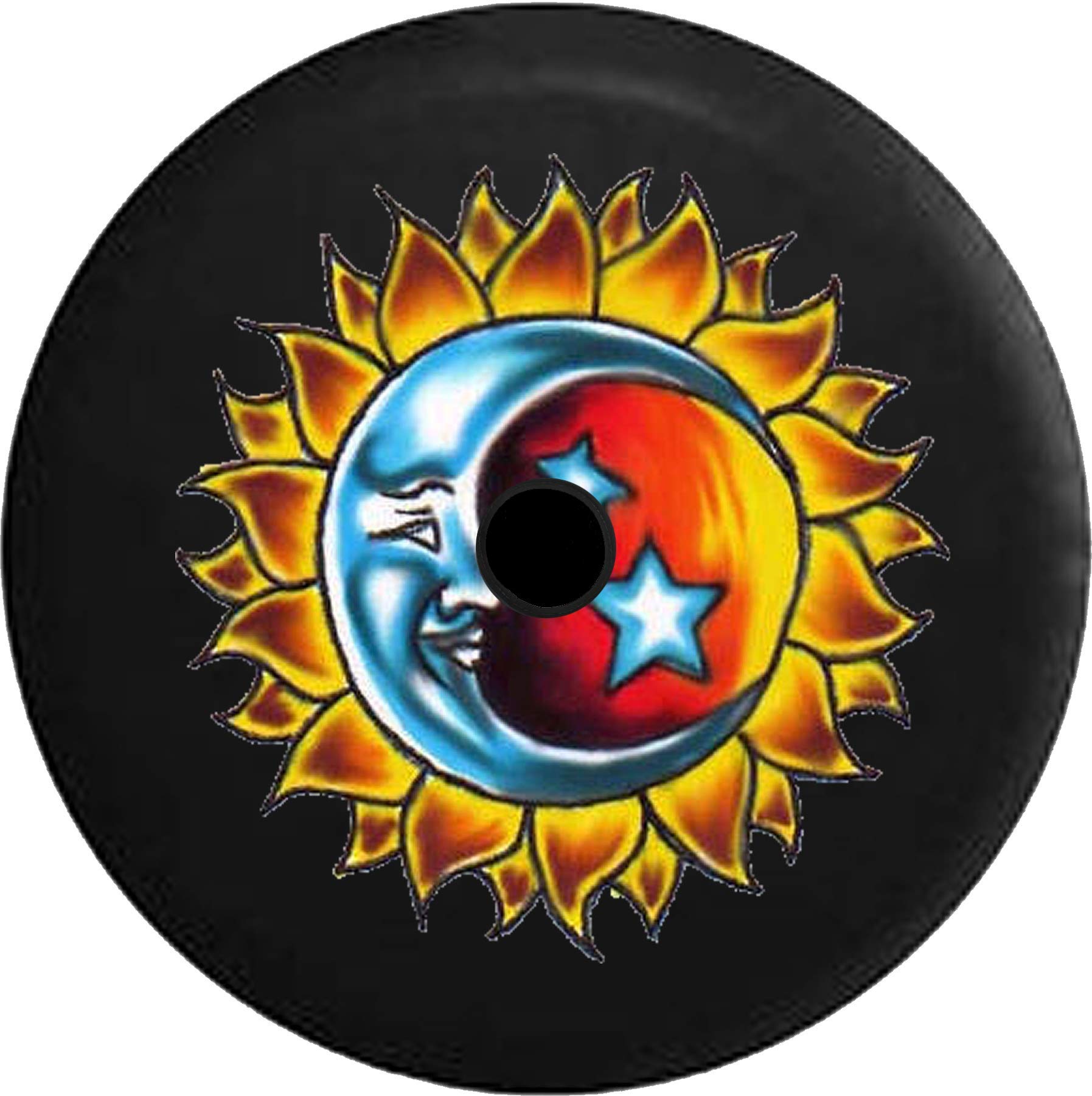 JL Spare Tire Cover 32 Inch - Black Night Sky Design with Sun Moon & Stars Pattern, Fits Most SUVs & Trucks (Includes Backup Camera Hole) - Perfect for Off-Road Adventures & Camping Trips