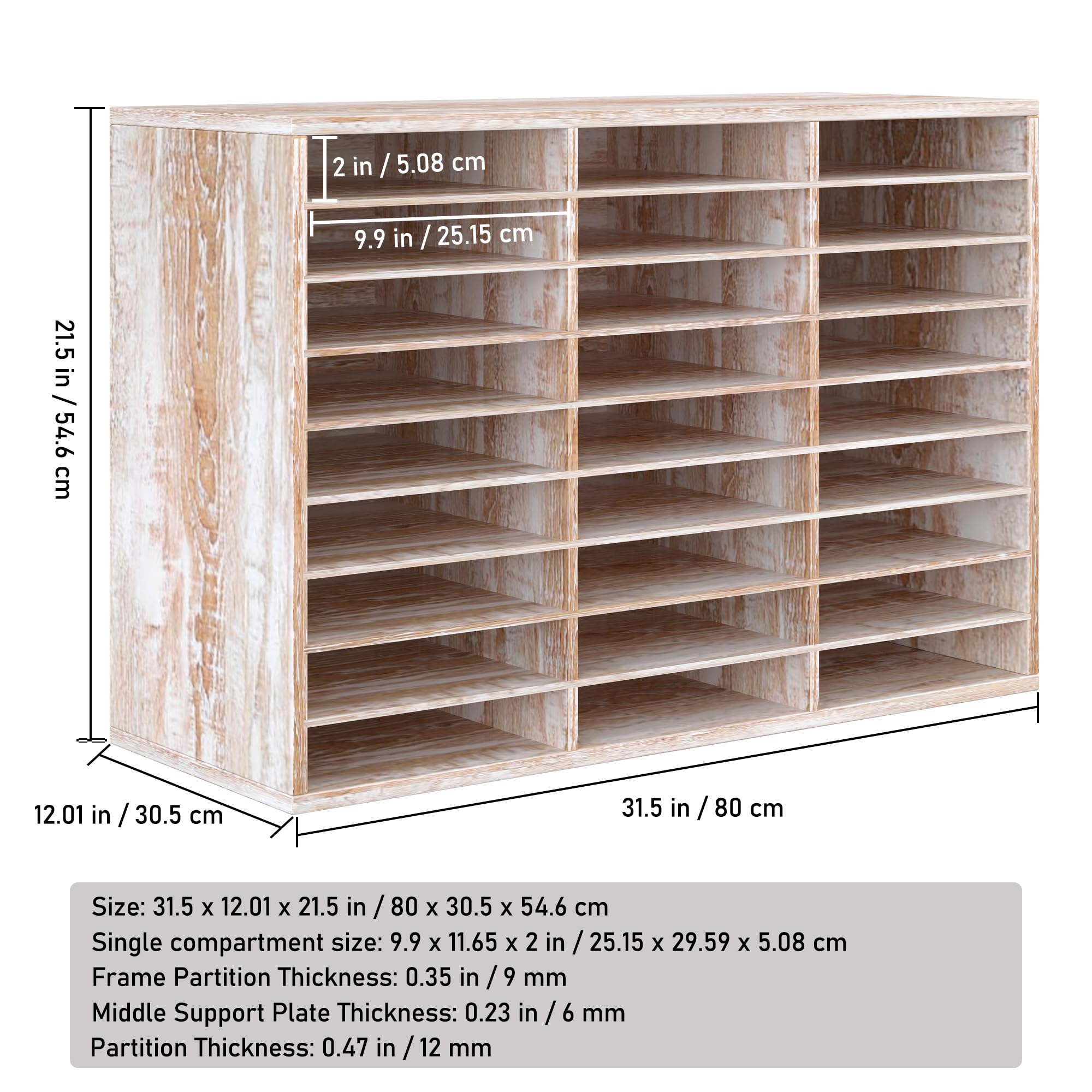 27-Slot Wooden Paper File Organizer for Desk - Large Retro White Mail Sorter for Office & Classroom - Perfect for Documents, Letters, and Office Supplies Organization
