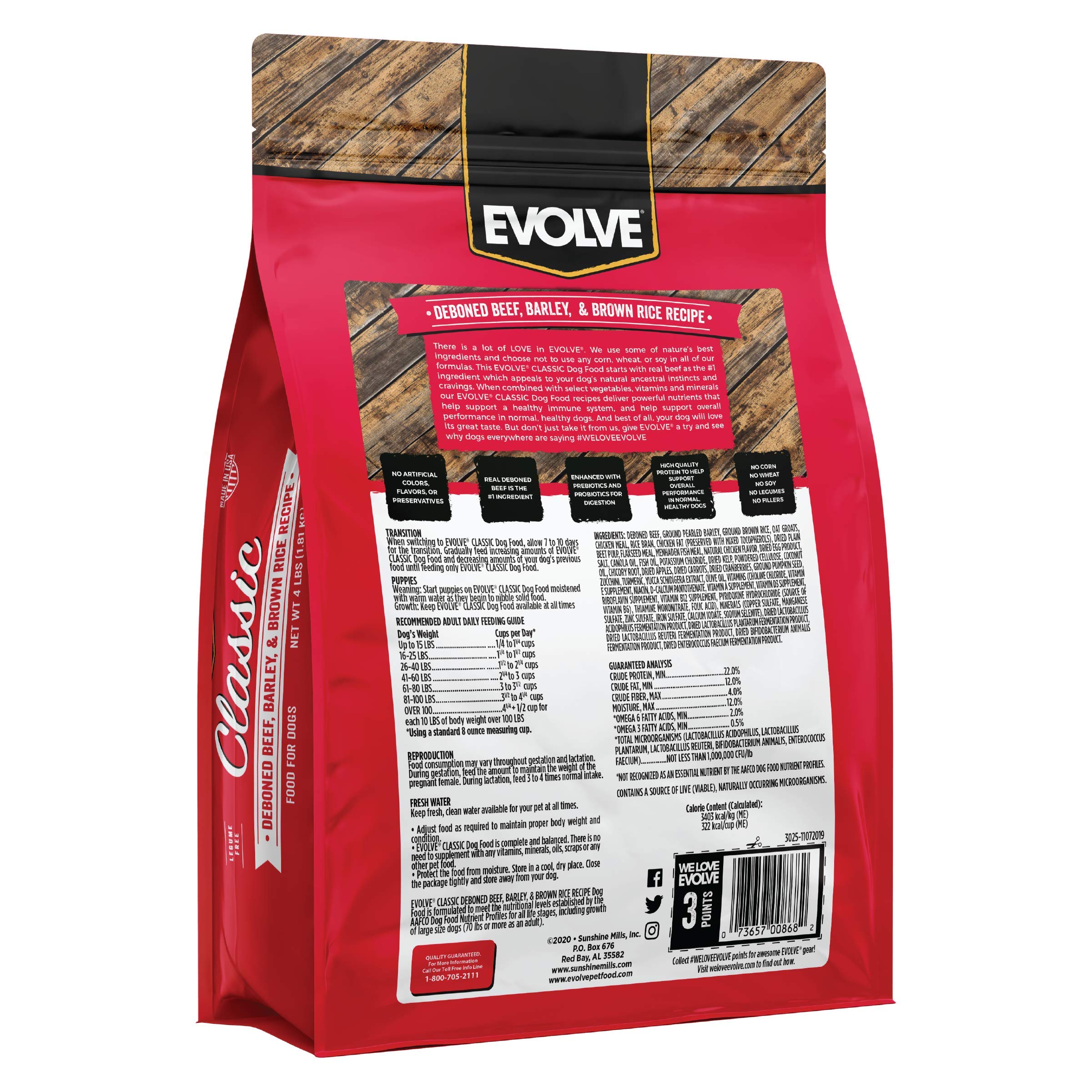 Evolve Pet Food Classics Deboned Beef, Barley & Bison Recipe Dry Dog Food - 3.5 lb Bag | High Protein Grain-Inclusive Kibble for Adult Dogs | Perfect for Active & Large Breed Dogs at Home or Travel