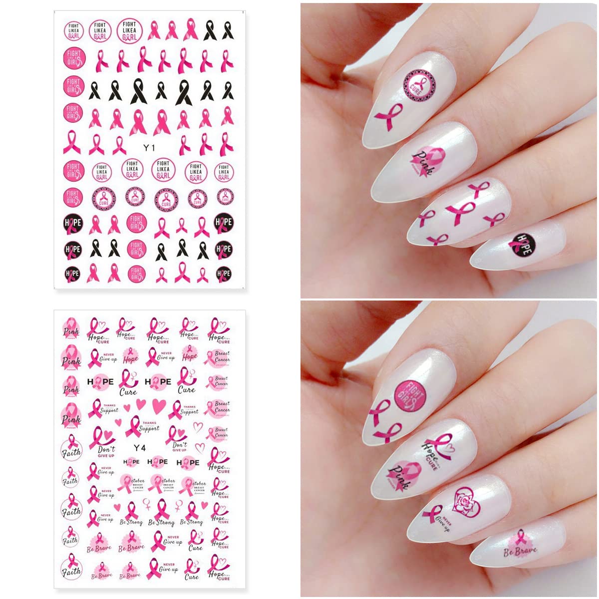 **3D Pink Ribbon Heart Breast Cancer Awareness Nail Art Stickers - Self-Adhesive Nail Decals for Women & Girls, DIY Manicure Tips, Nail Charms Decor (6 Sheets) - Perfect for Fundraisers, Awareness Events & Supportive Nail Art**