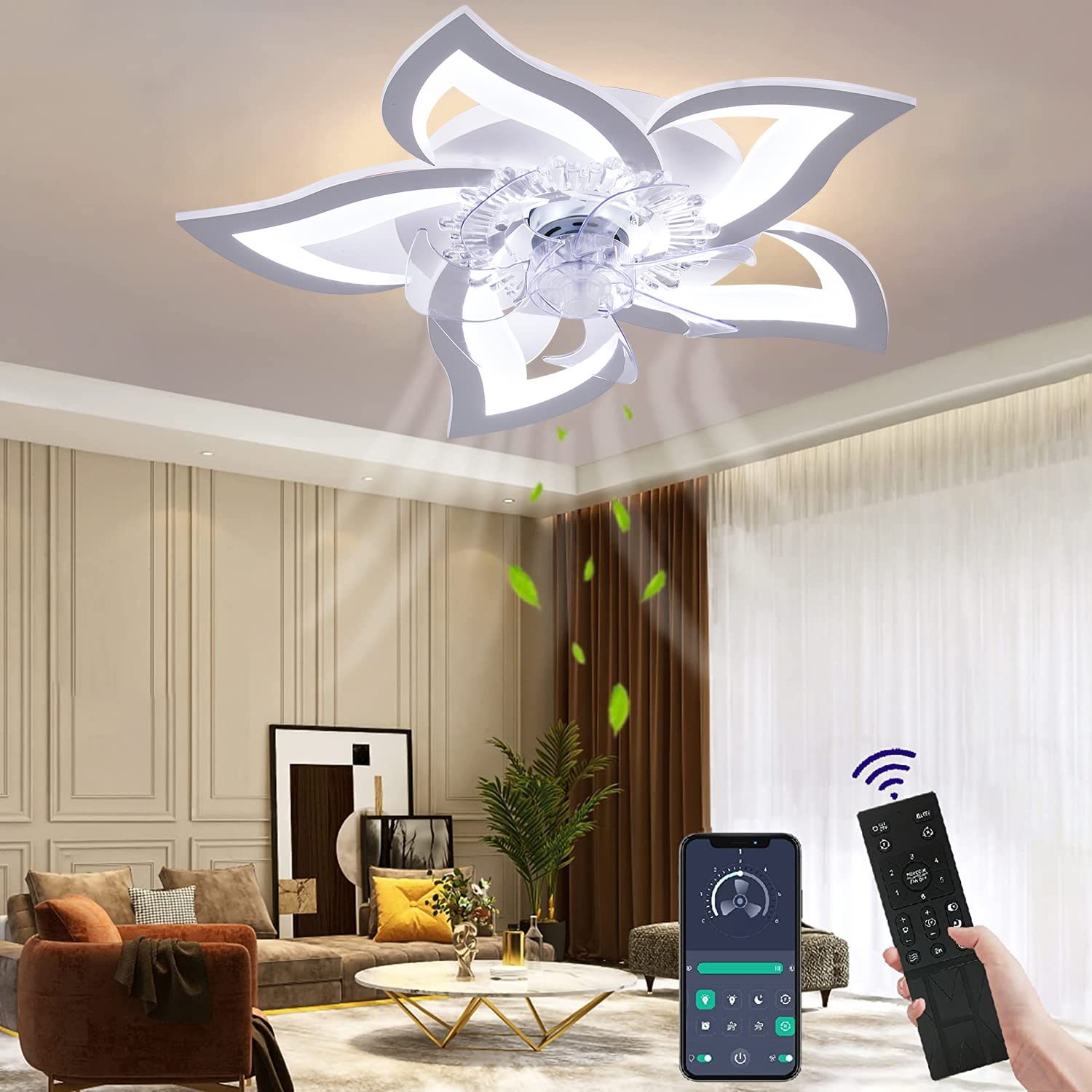 Modern & Quiet Wildcat LED Ceiling Fan with Remote Timer - 50W Flower-Shaped Ceiling Light for Bedroom, Living Room & Office - Energy Efficient Cooling & Stylish Home Decor