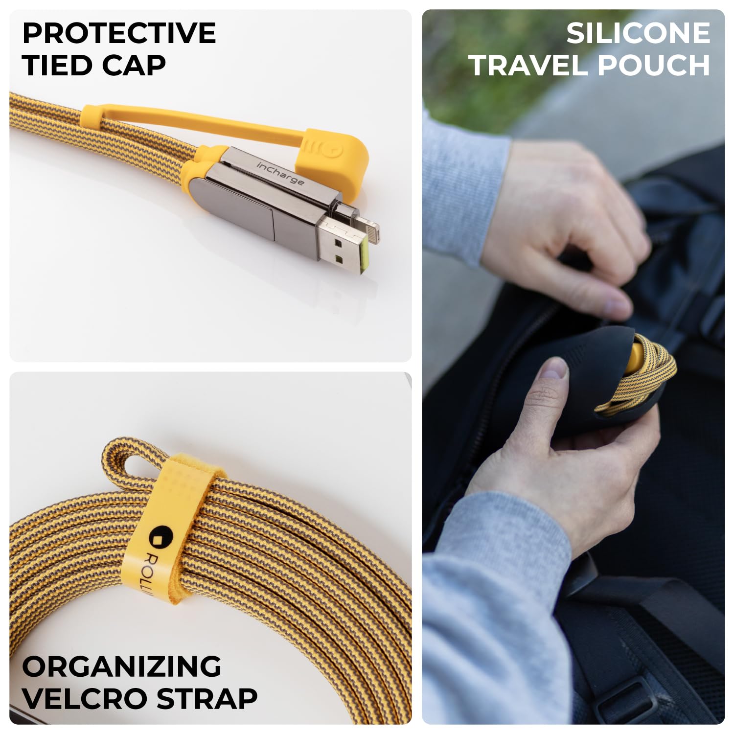 Rolling Square InCharge XL 200cm - 6-in-1 Universal Charging Cable with USB-C & Lightning Connectors | 100W Fast Charging for iPhone, Android, MacBook | Durable Yellow Cable for Home, Office & Travel