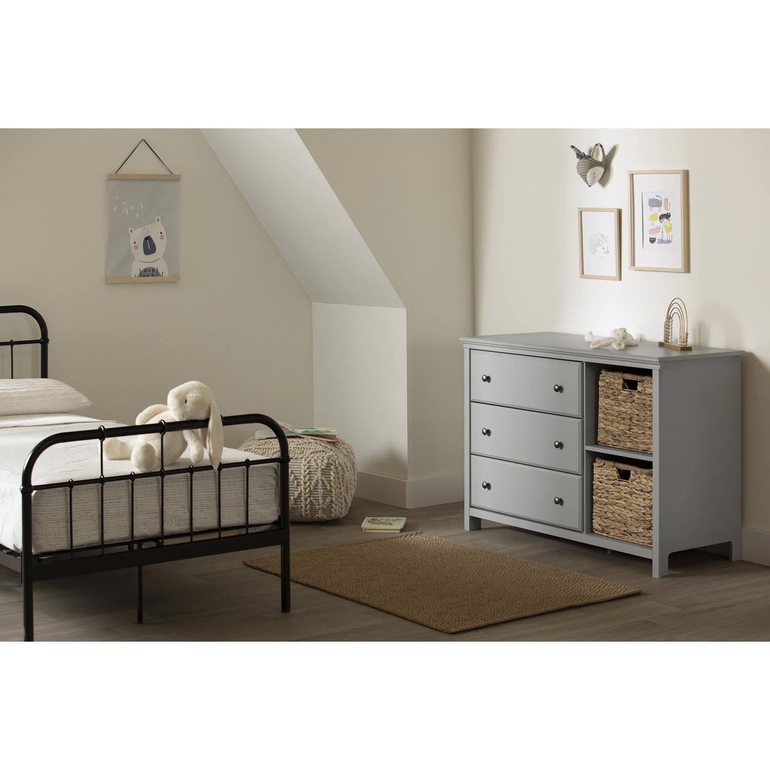 South Shore Cotton Candy 3-Drawer Dresser with Baskets, Soft Gray - Modern Kids Bedroom Storage Solution for Clothes, Toys & Nursery Organization