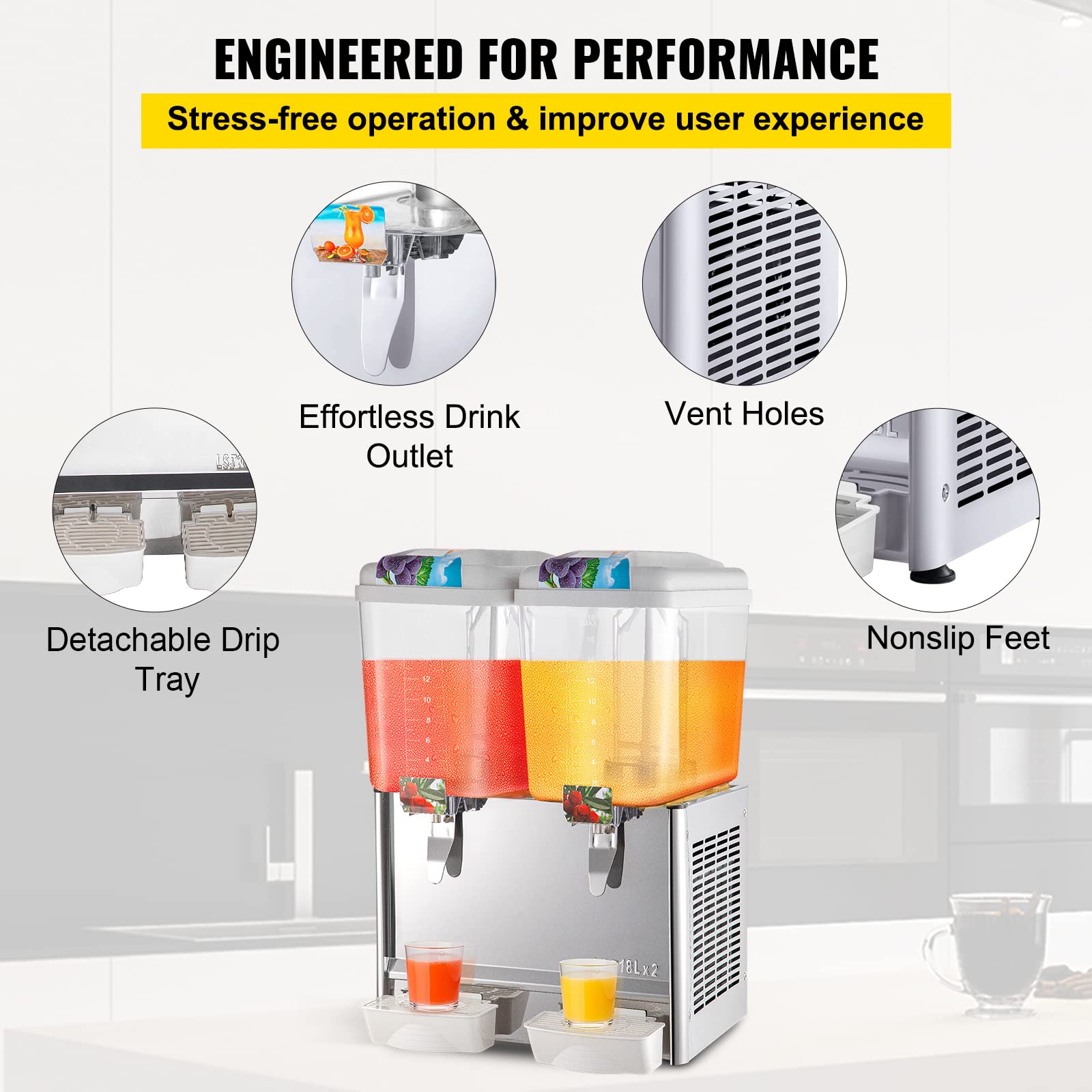 VEVOR 9.5 Gallon Commercial Beverage Dispenser - 2 Tanks, 300W, Stainless Steel, Food Grade, with Thermostat Controller - Perfect for Cold Drinks, Iced Tea, Lemonade at Restaurants, Cafes, Parties & Events