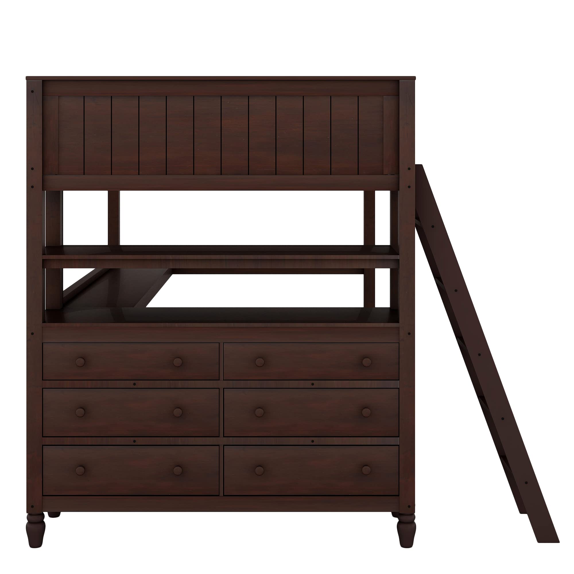 Full Size Loft Bed Frame with 6 Storage Drawers, Shelves & Study Desk - Sturdy Wooden Bunk Bed with Safety Ladder - Space-Saving Kids Bedroom Furniture in Espresso Finish - Perfect for Small Rooms, Dormitories & Teen Bedrooms