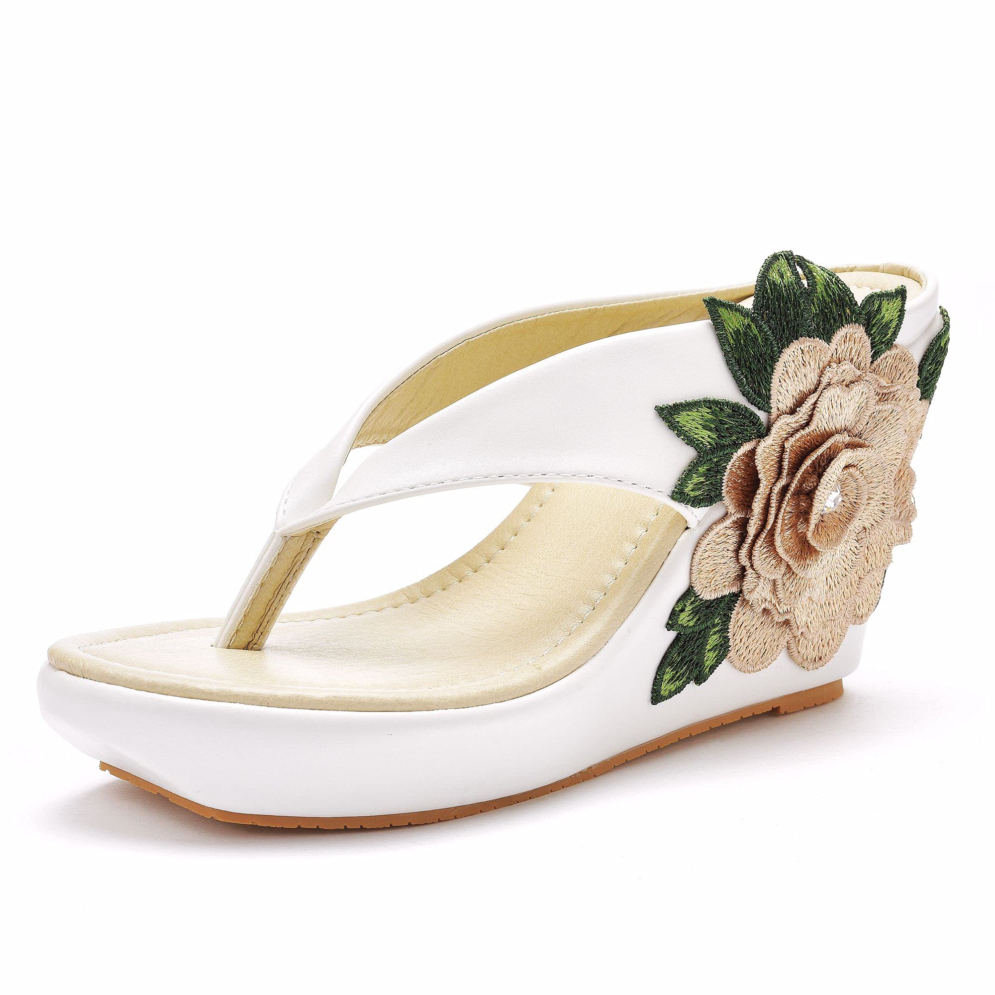 Crystal Queen Women's Bohemian Wedge Sandals - Comfortable Flip Flops for Beach, Summer & Casual Wear | Platform Sandals with Floral Design for Outdoor, Vacation & Fashion