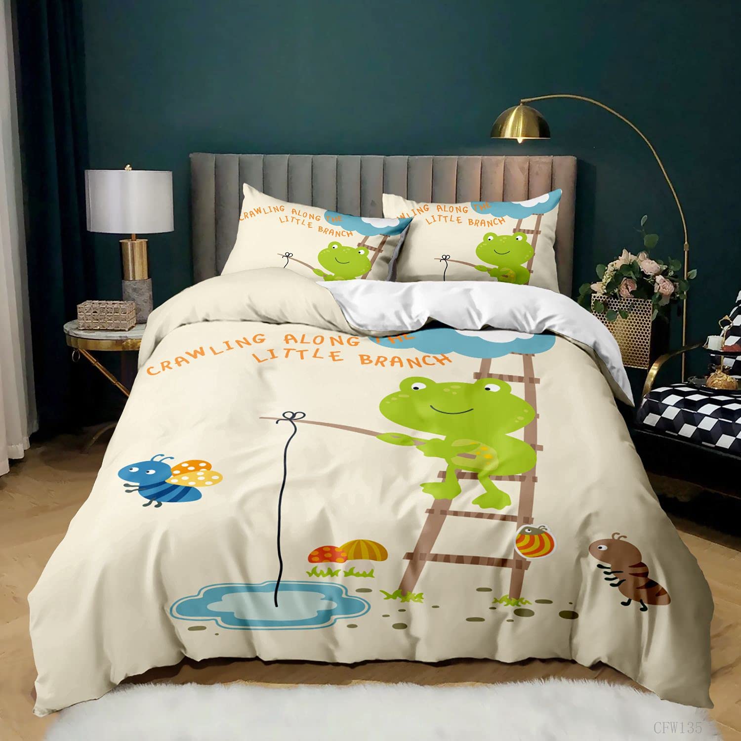 Cartoon Frog Pattern Green Kids Comforter Cover Set - Soft Luxury Microfiber Duvet Cover with 2 Pillowcases for Twin Size Bed (68