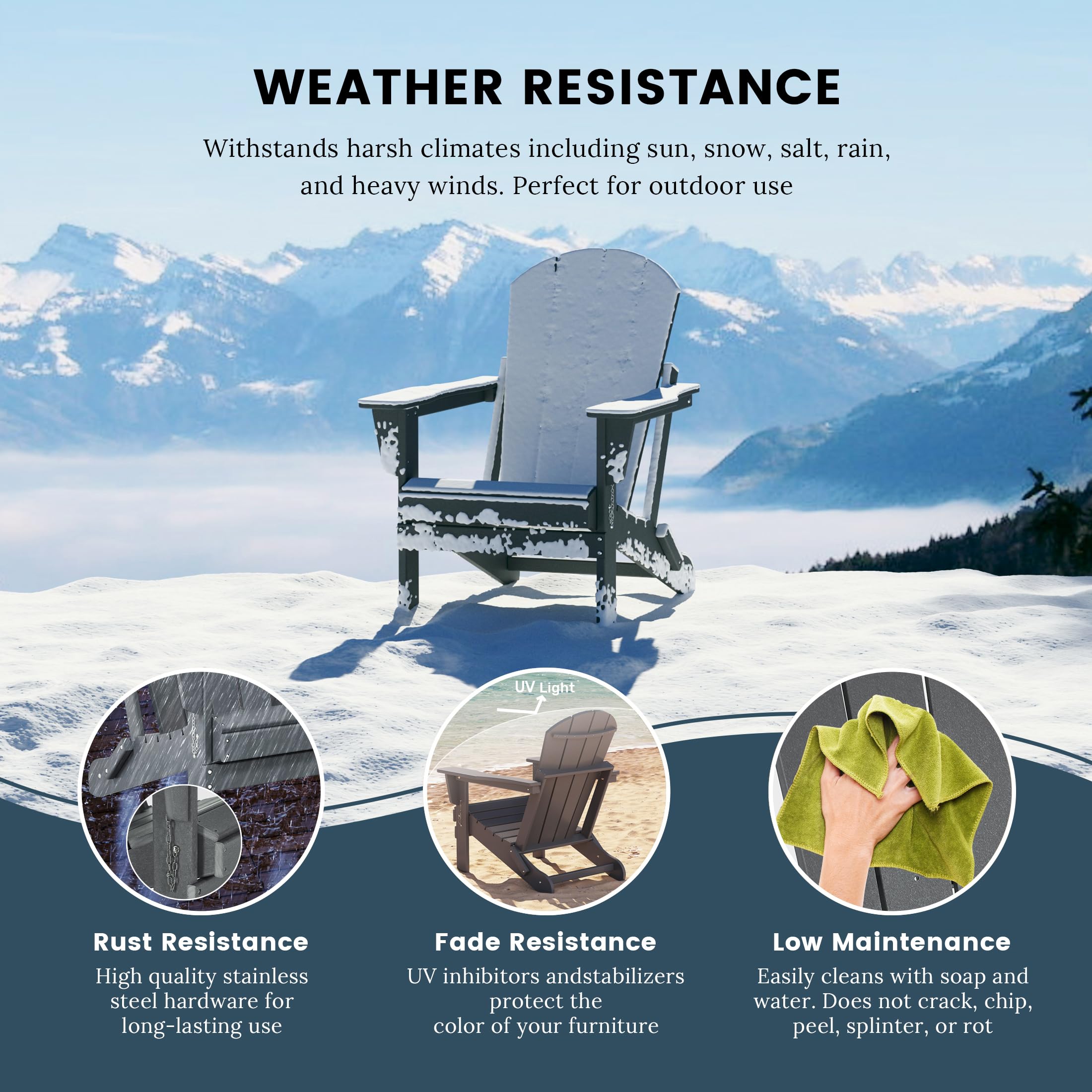 2-Pack HDPE Adirondack Chairs - Outdoor Folding Lounge Chairs for Patio, Poolside, Backyard & Beach - Weather-Resistant UV-Protected Gray Furniture Set - Perfect for Relaxing by Fire Pit, Garden Lounging & Balcony Seating