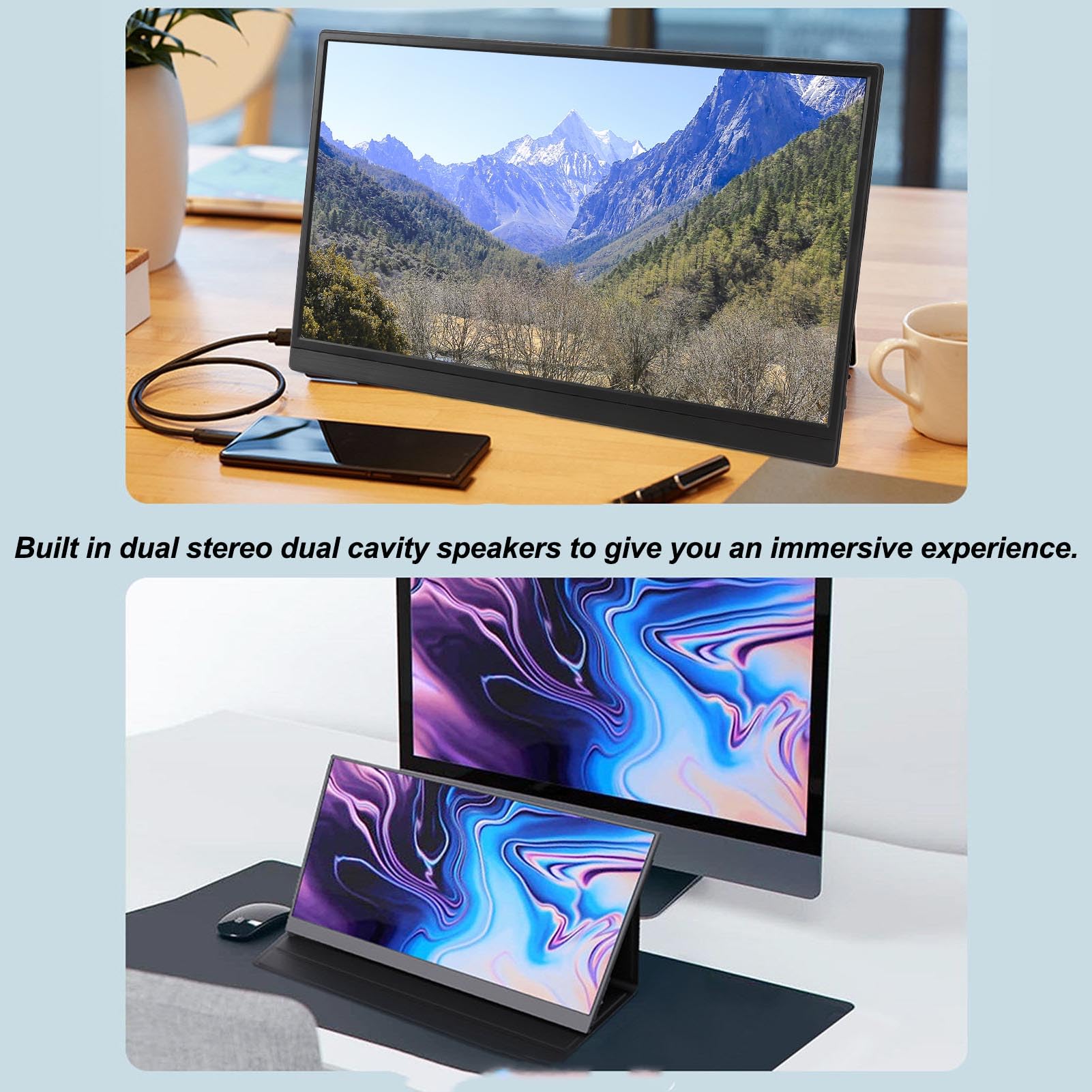 Elprico 15.6 Inch IPS Ultra Slim Portable Monitor with Dual USB-C Ports, 178° Wide Viewing Angle & Foldable Stand - Perfect for Laptop Extensions, Gaming, and Business Presentations