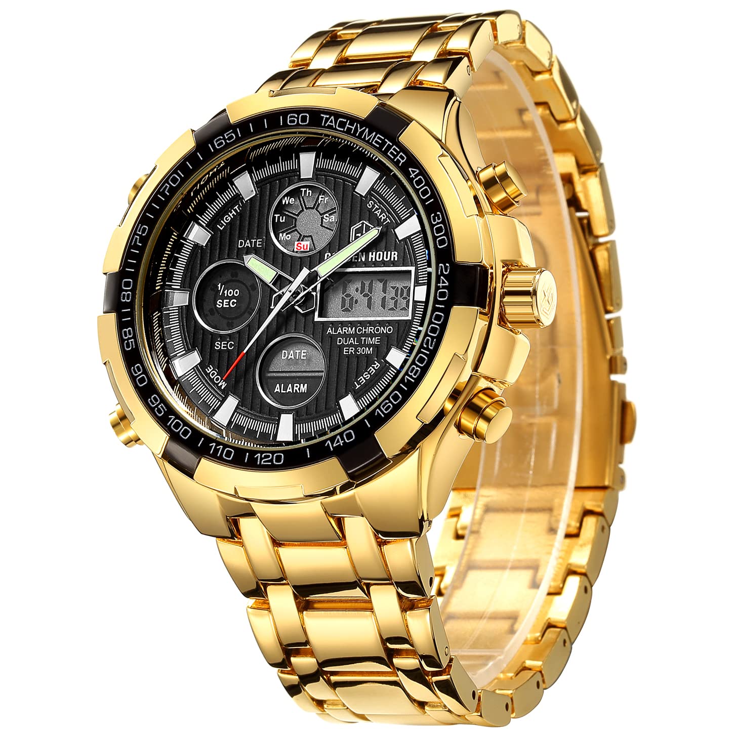 GOLDEN HOUR Luxury Stainless Steel Analog Digital Watch for Men - Waterproof Sports Wristwatch with Heavy Duty Design | Perfect for Outdoor Activities, Hiking & Everyday Wear