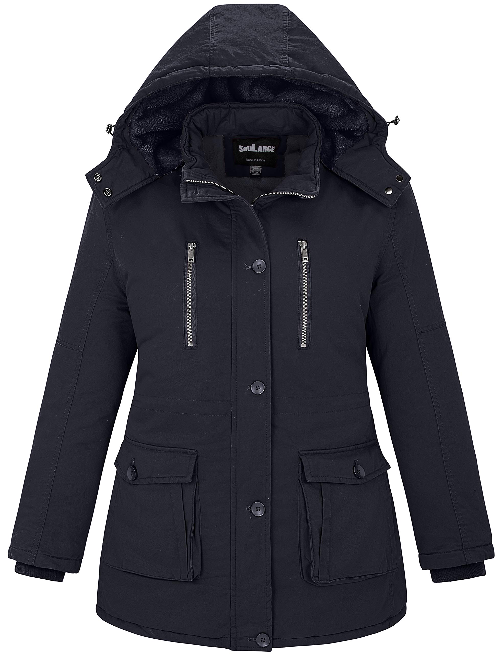 Soularge Women's Winter Plus Size Thickened Cotton Coat with Detachable Hood - Warm & Stylish Outerwear for Cold Weather, Snow Days & Outdoor Activities