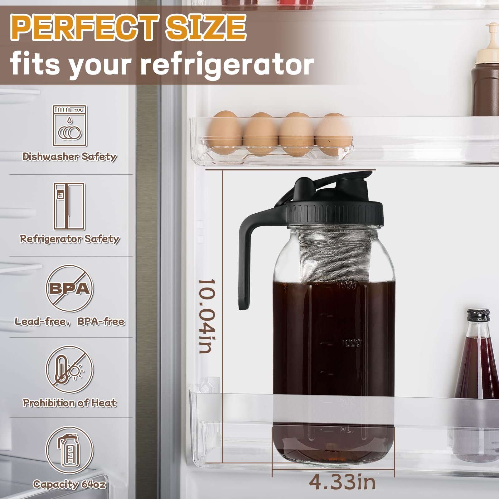 Premium DWTS DANWEITESI 64 oz Cold Brew Coffee Maker - 2-Quart Wide Mouth Mason Jar Pitcher with Stainless Steel Filter, Lid & Spout - Perfect for Iced Coffee, Cold Brew Concentrate & Homemade Coffee Drinks at Home, Office or Camping