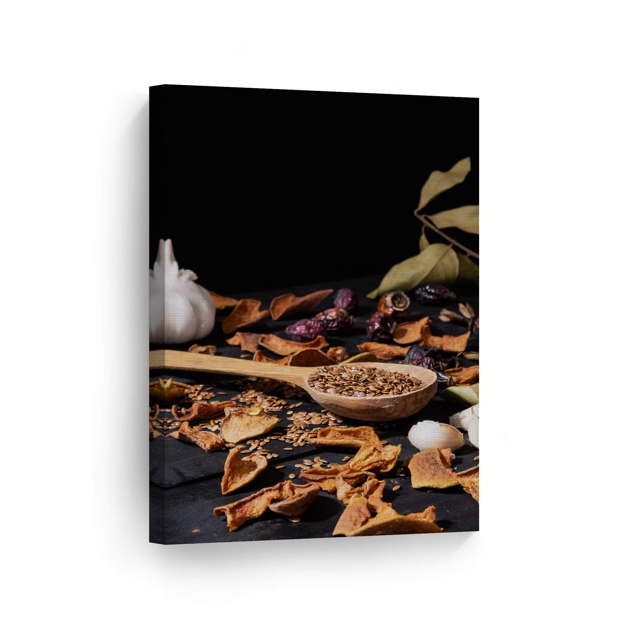 Smile Art Design Garlic Dried Herbs Fruits & Sesame Seeds Kitchen Canvas Wall Art Print - Ready to Hang 40x30 - Perfect for Restaurant, Cafe, Dining Room & Farmhouse Decor - Unique Modern Housewarming Gift Idea