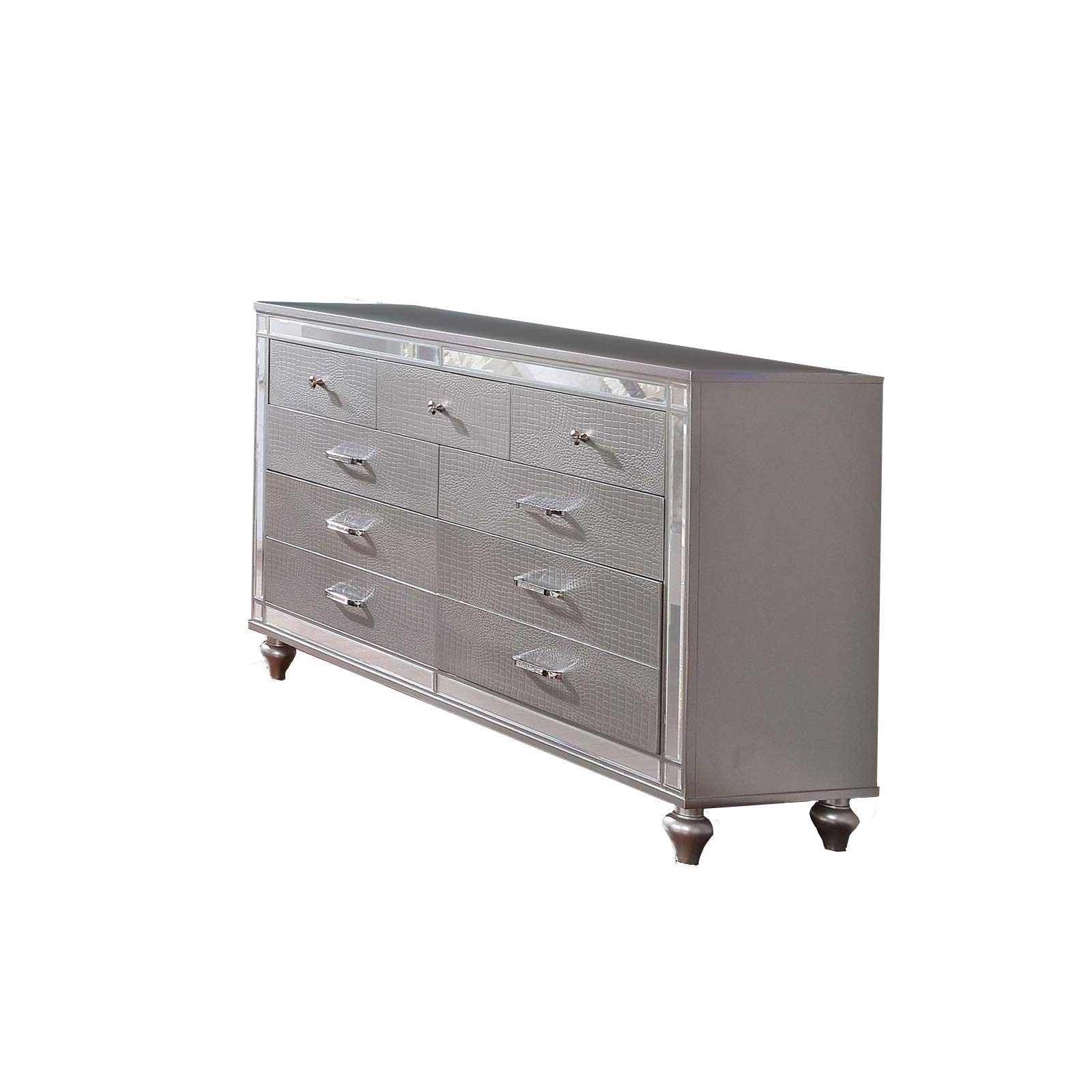 Benjara Silver Contemporary 9-Drawer Wooden Dresser with Turned Legs - Modern Bedroom Storage for Clothes, Jewelry & Accessories