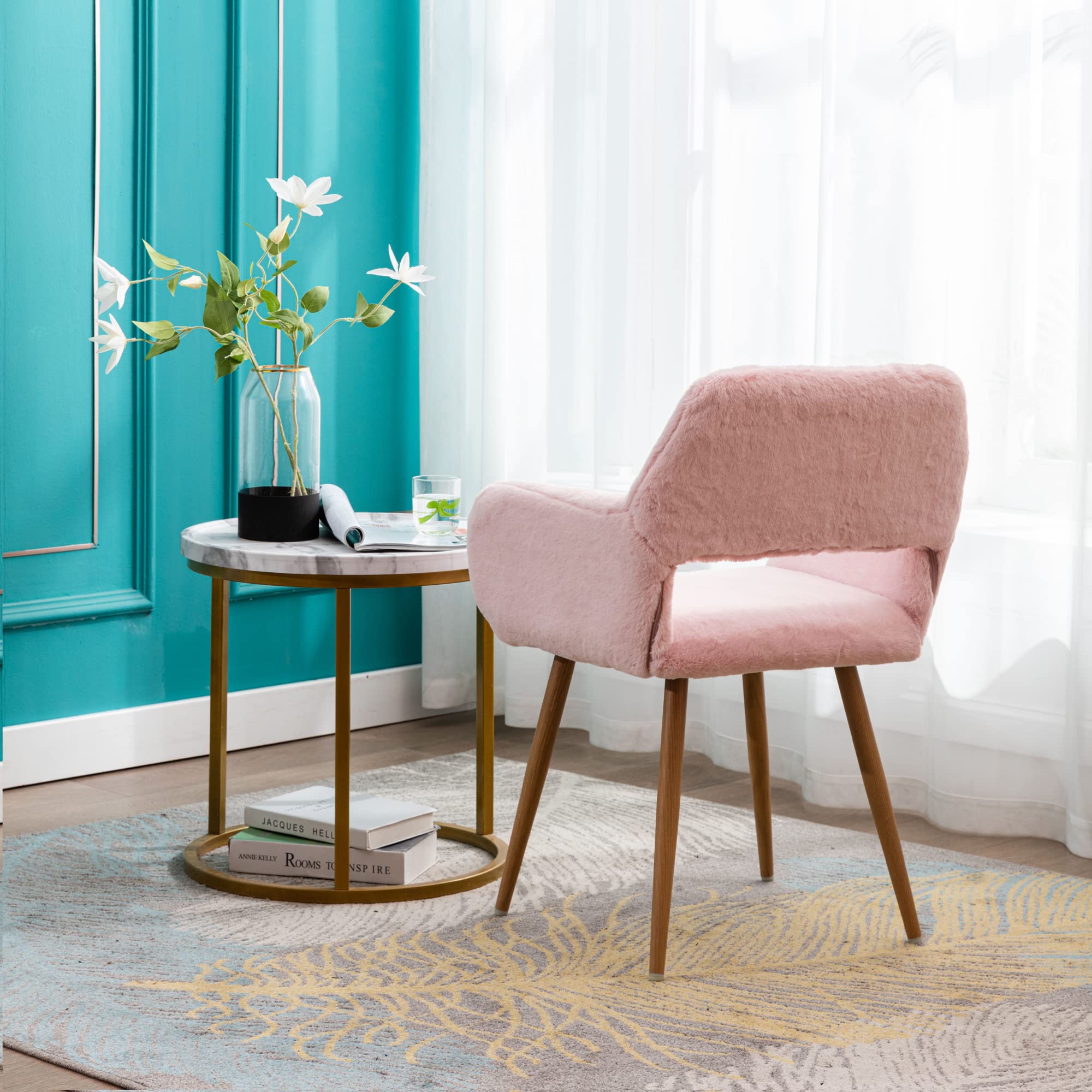 Mid-Century Modern Faux Fur Desk Chair Set of 2 - Pink Accent Armchairs with Wood-Look Metal Legs for Teen Girls, Living Room, Home Office & Vanity Makeup Station - Comfy Non-Rolling Seating for Study, Gaming & Relaxation