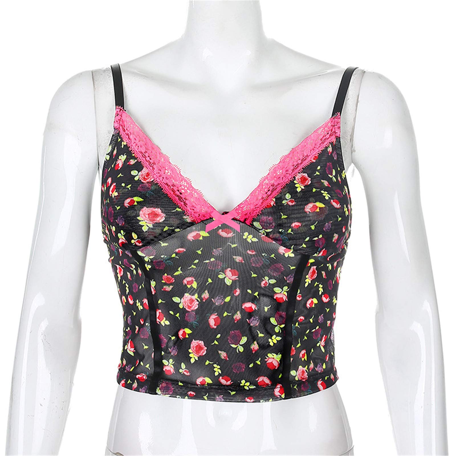 Y2K Women's Sexy Mesh Camisole - V-Neck Lace Trim Sleeveless Backless Sling Top for Summer | Perfect for Beach, Party & Night Out
