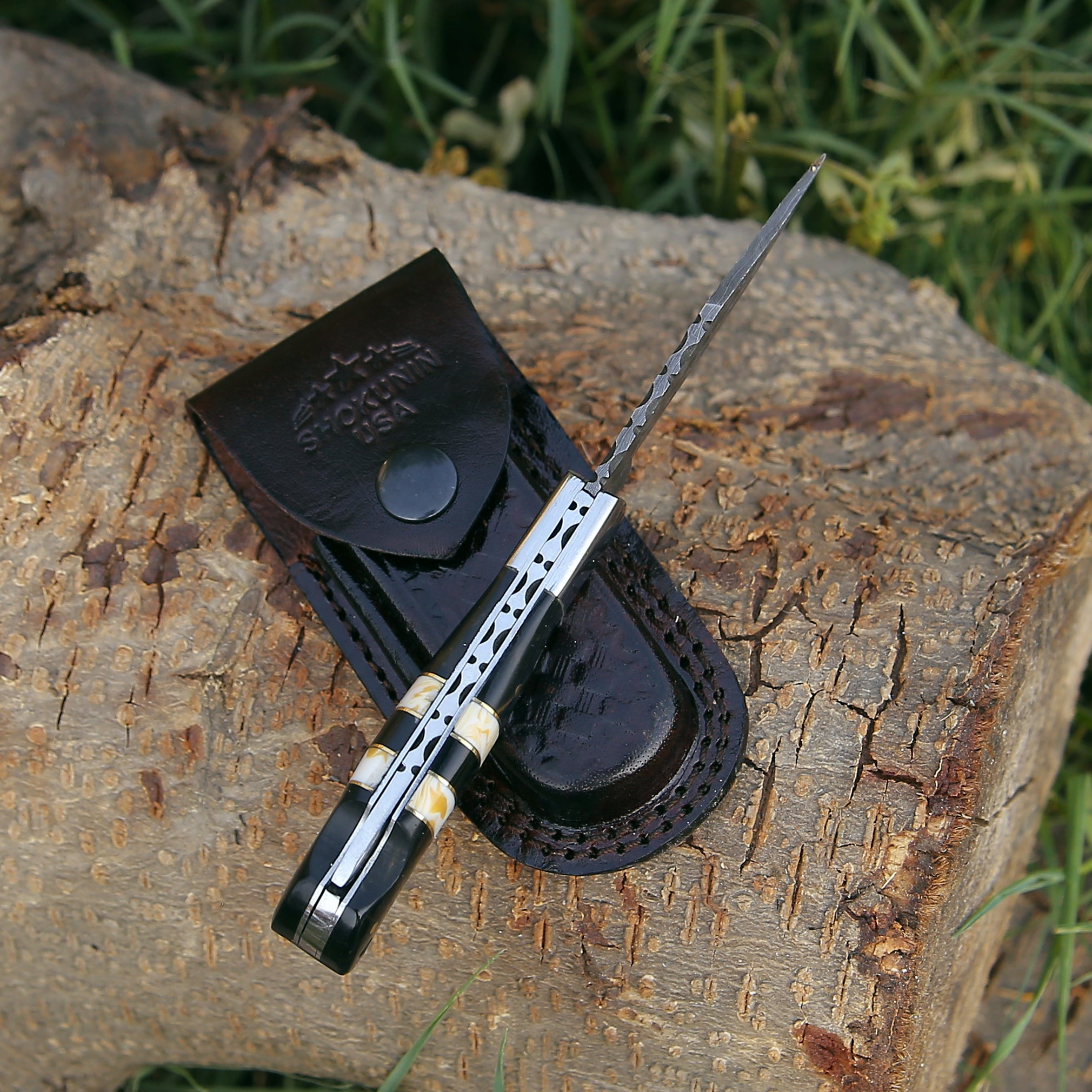 Premium Handmade Damascus Steel Folding Knife with Leather Sheath - Outdoor Camping, Hunting & Survival Gear
