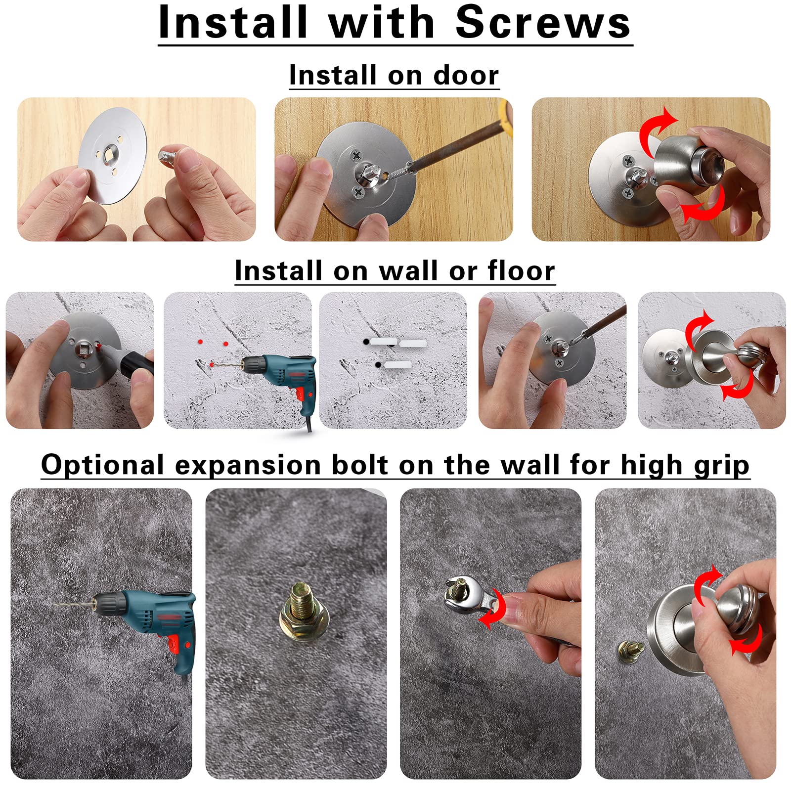 Premium Sumnacon Magnetic Door Stopper - Heavy Duty Stainless Steel Door Stop with 3M Adhesive & Screws for Wall/Floor Installation (Silver) - Perfect for Homes, Offices, and Commercial Spaces