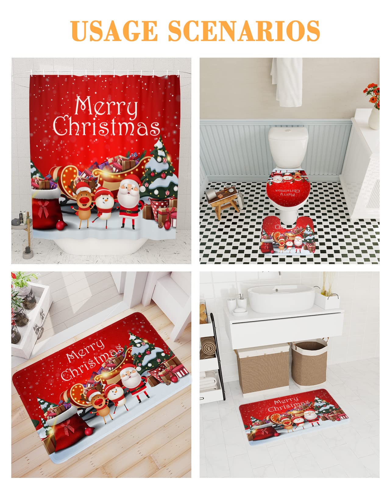 4-Piece Christmas Shower Curtain Set with Santa Claus Snowman Elk Design - Non-Slip Bath Mat, Toilet Cover & Rugs for Winter Bathroom Decor | Perfect for Holiday Home Decor & Gift Giving