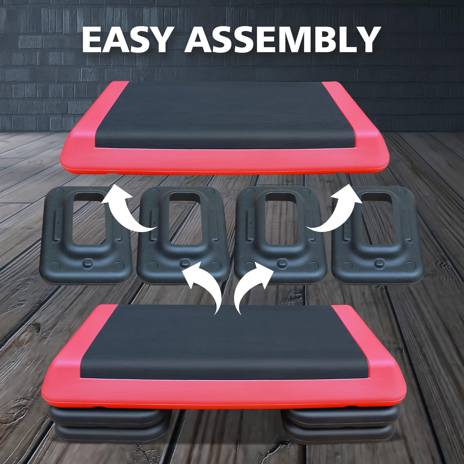 28.5'' Adjustable Aerobic Step Platform with 4 Stackable Risers (4-6-8in Height) - Home Gym Cardio & Strength Training Equipment for Fitness, Aerobics, HIIT Workouts - Perfect for Home Exercise, Group Classes & Personal Training (Red & Gray)