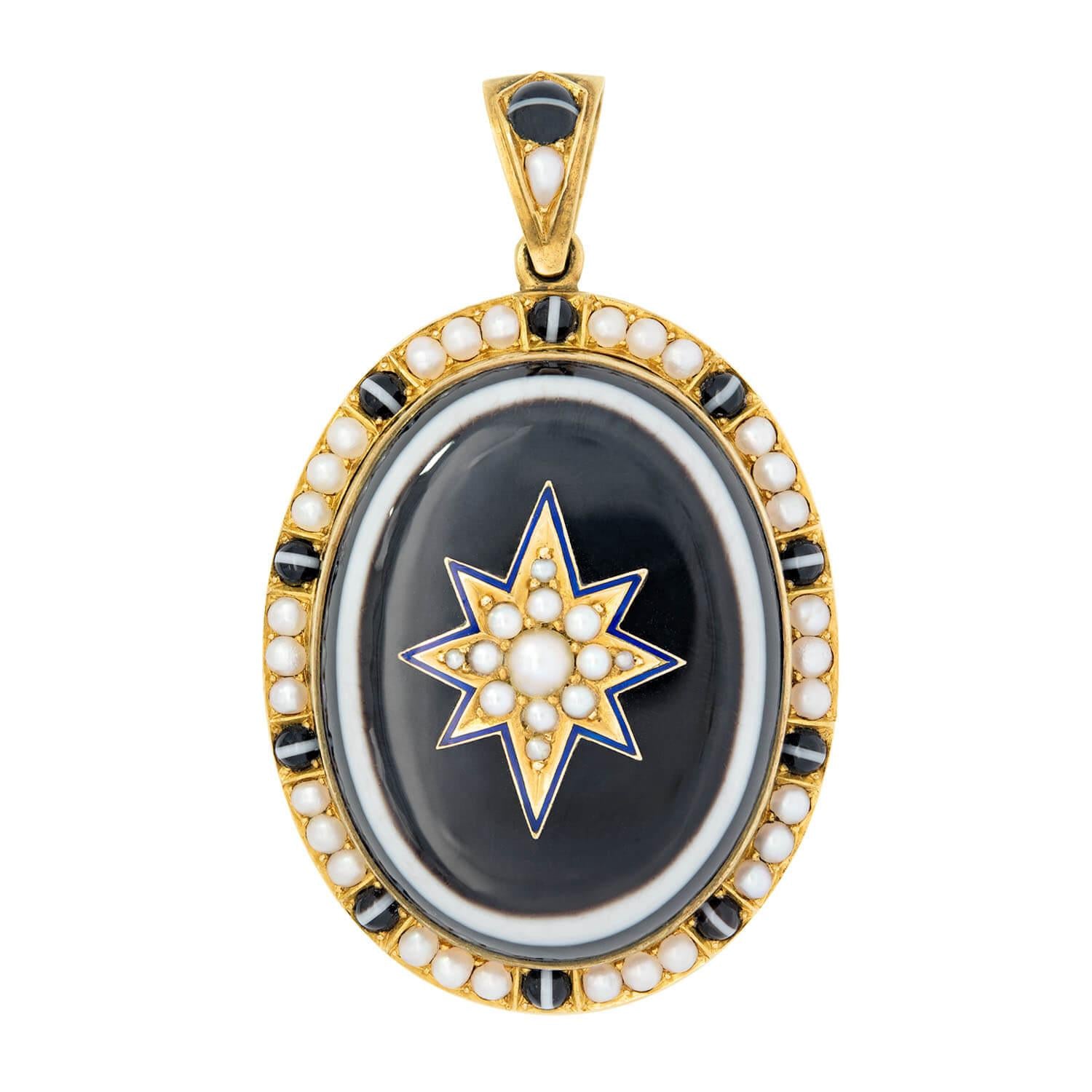 Victorian 14k Gold Banded Agate and Pearl Mourning Locket Pendant - Elegant Antique Jewelry for Women, Perfect for Memorial Gifts, Vintage Style Necklace for Special Occasions