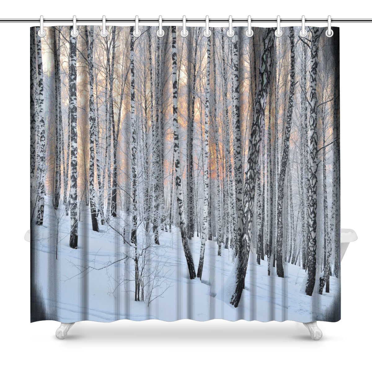 INTERESTPRINT Winter Sunset Birchwood Shower Curtain - Pink Sunlight Among White Birch Trees, 72x72 Inches Extra Long, Waterproof Bathroom Decor for Cozy Winter Vibes