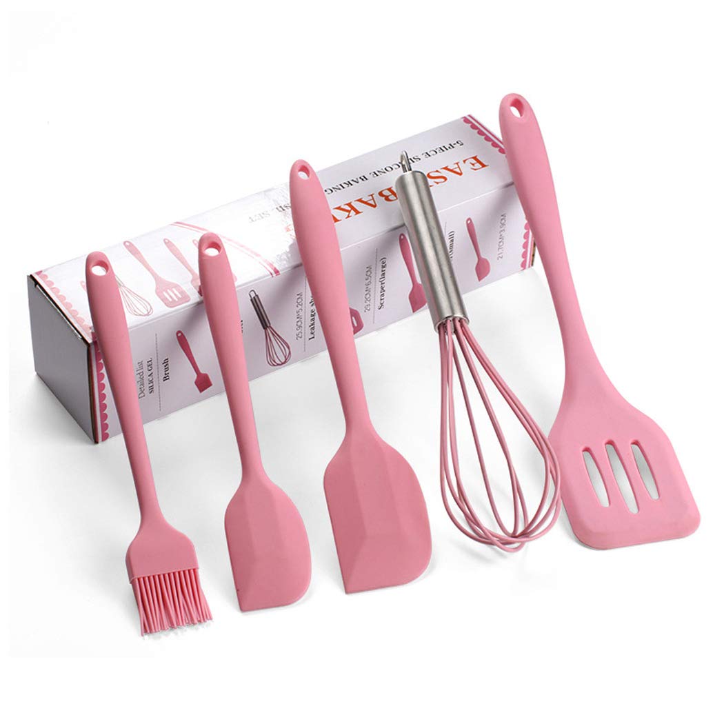 5-Piece Silicone Kitchen Utensil Set - Heat Resistant Nonstick Cooking Tools with Spatula, Spoon & Brush for Baking, Frying & Sauteing - Perfect Gift for Home Chefs (Pink)