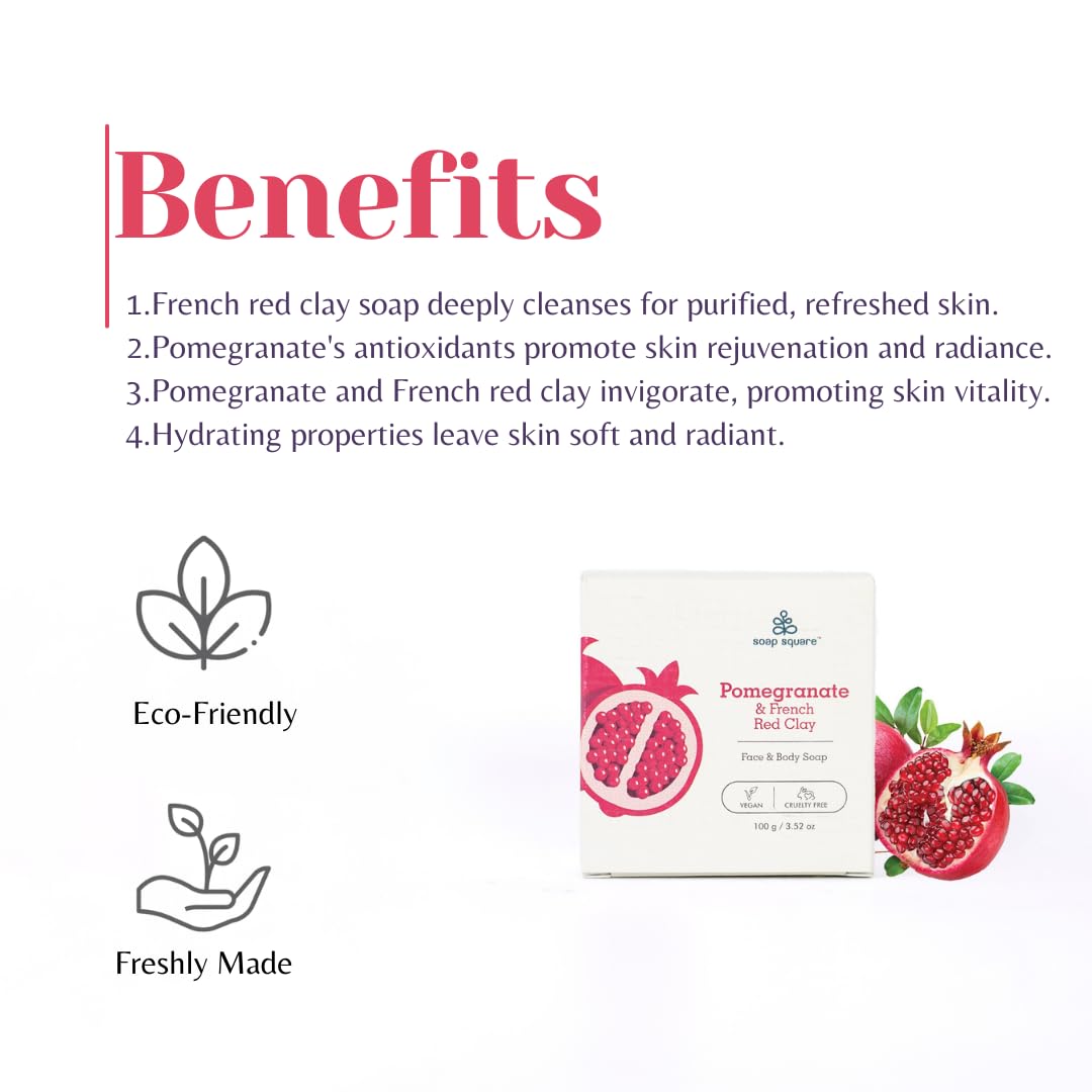 Pomegranate & French Red Clay Soap Bar - SLS Free, Paraben Free, Cruelty-Free, Vegan Handmade Soap for Sensitive Skin - Natural Bath & Body Care Gift (100g) - Perfect for Daily Cleansing, Spa Days & Eco-Friendly Gifting