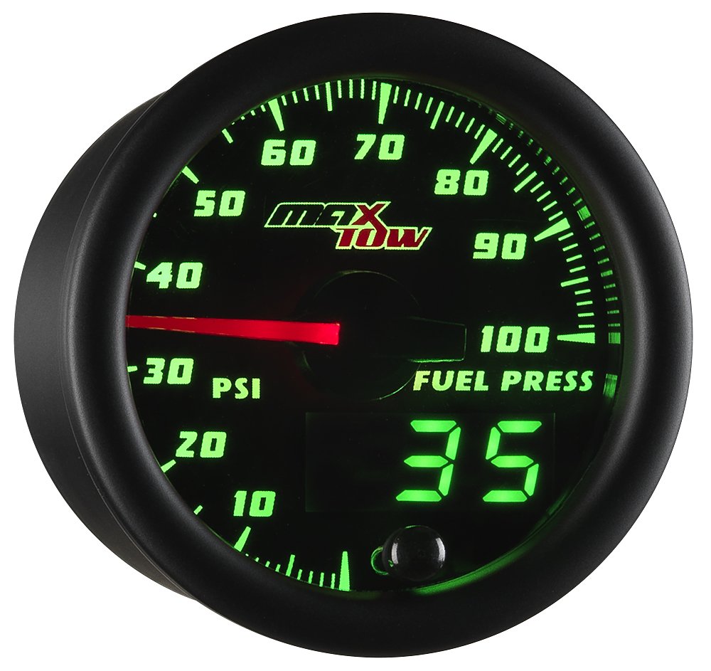 MaxTow Double Vision 100 PSI Fuel Pressure Gauge Kit with Electronic Sensor - Black Face & Green LED Backlight - 2-1/16