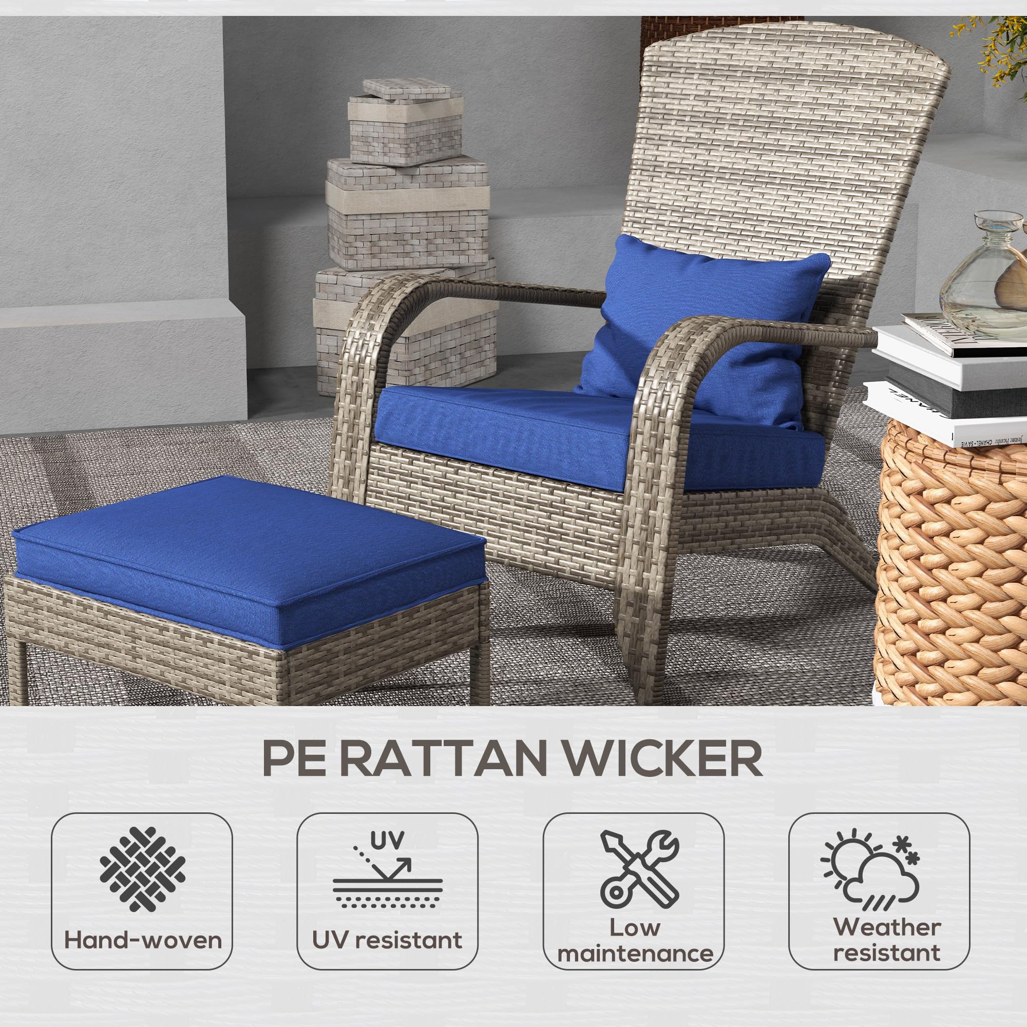 Outsunny Dark Blue Wicker Adirondack Chair with Ottoman & Cushions - High-Back Outdoor Patio Furniture with Large Seat & Armrests - Perfect for Deck, Garden, Backyard & Fire Pit Relaxation