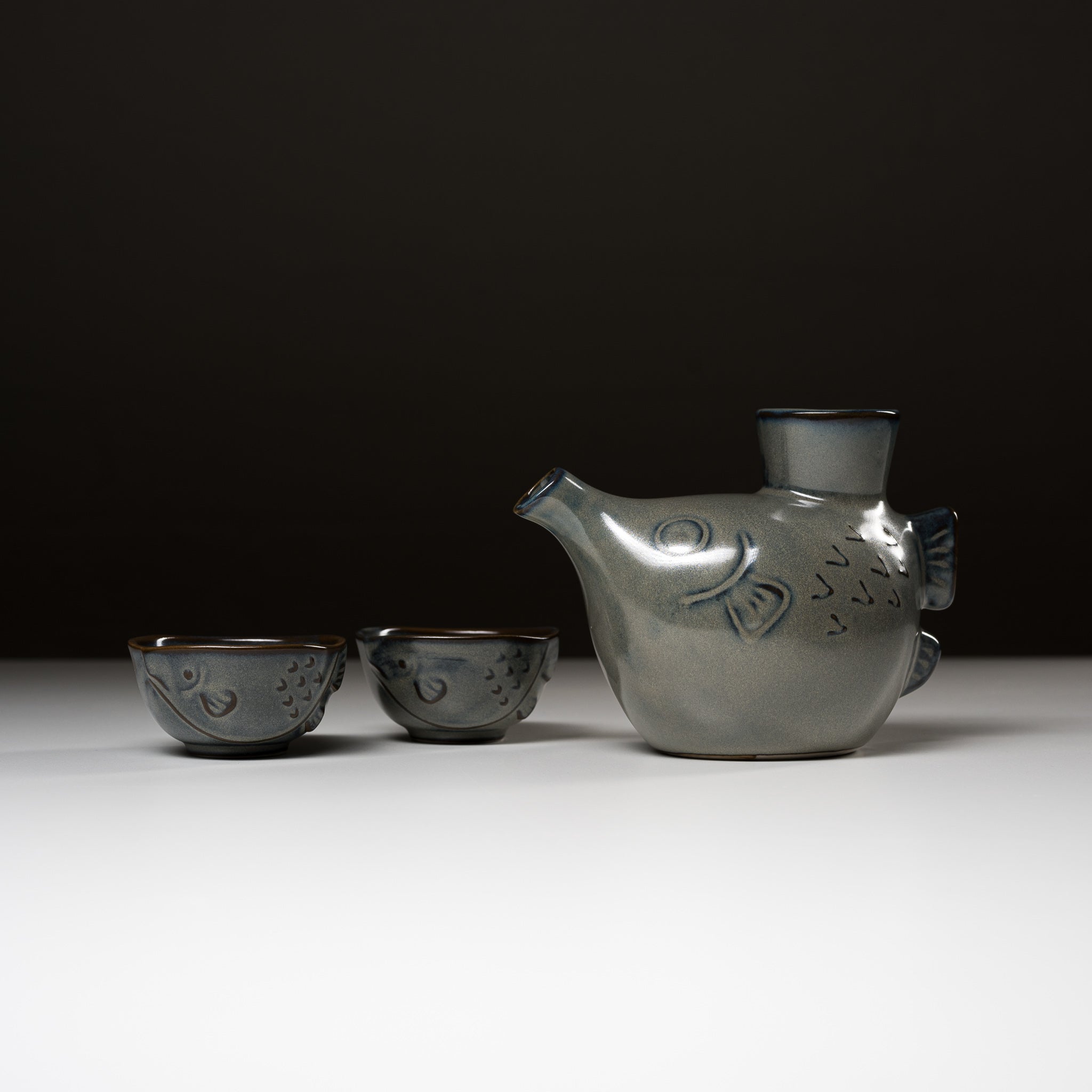 Traditional Japanese Mino Ware Pottery Sake Set - Grey Bowlfish Design by Yamai Ito - Authentic Ceramic Sake Cups & Decanter for Home Dining & Gift Giving