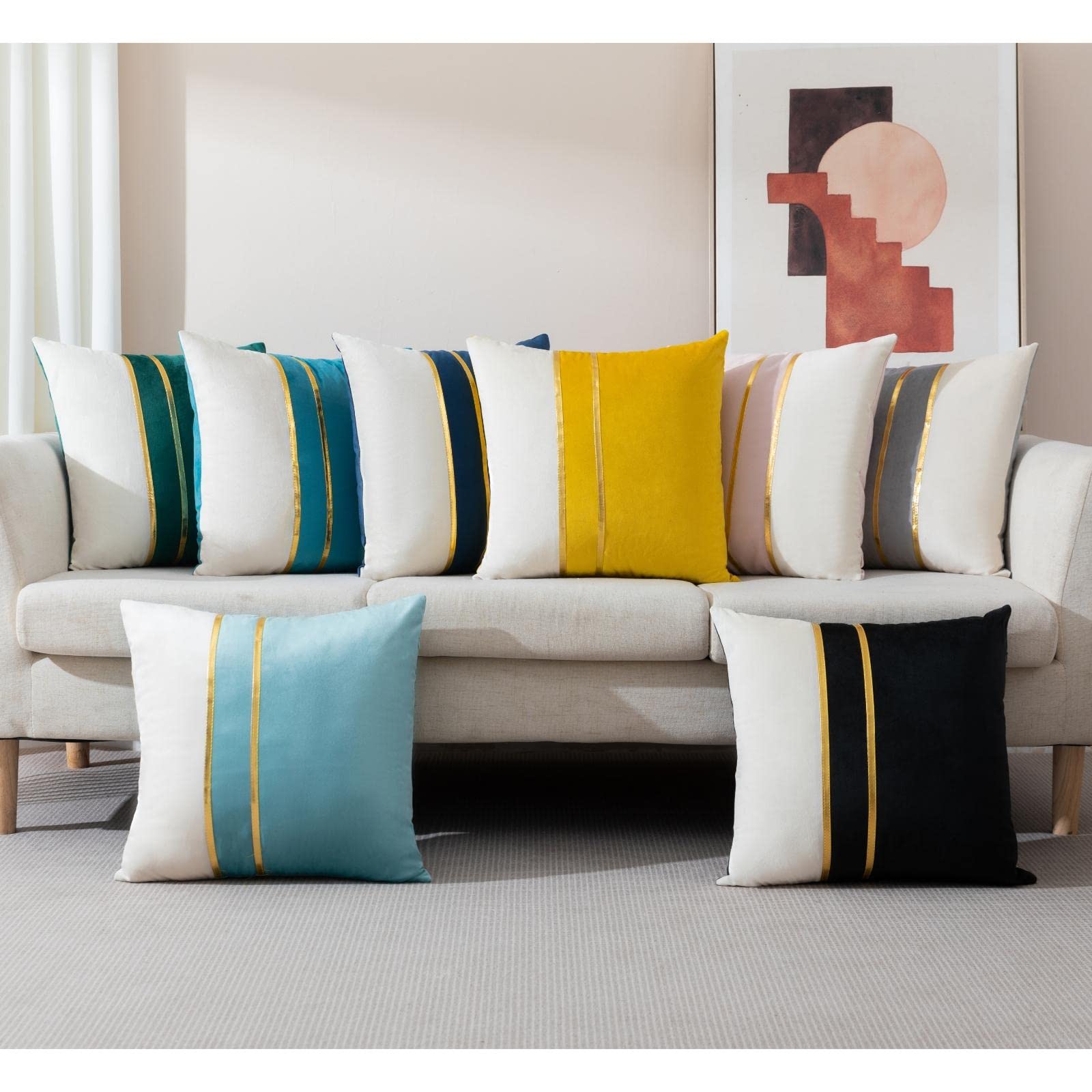 ZLINA Set of 2 Velvet Decorative Throw Pillow Covers - 22×22 Inch Grey White Patchwork with Gold Leather Accents for Sofa, Bed & Car Decor | Luxury Home & Living Room Accessories